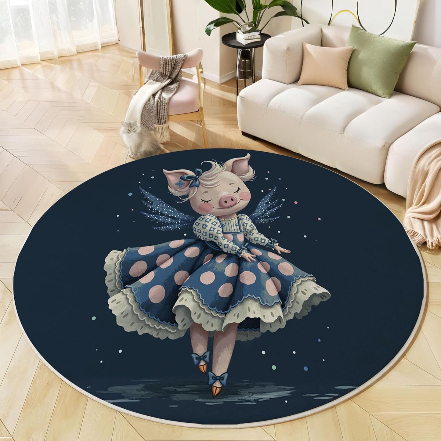 Round Area Rug, 2Ft Washable Non-Slip Navy Blue Cute Dress Pig Circle Rug, Soft Low-Pile Cartoon Animal Indoor Small Circular Carpet for Bedroom Entryway Dining Living Room