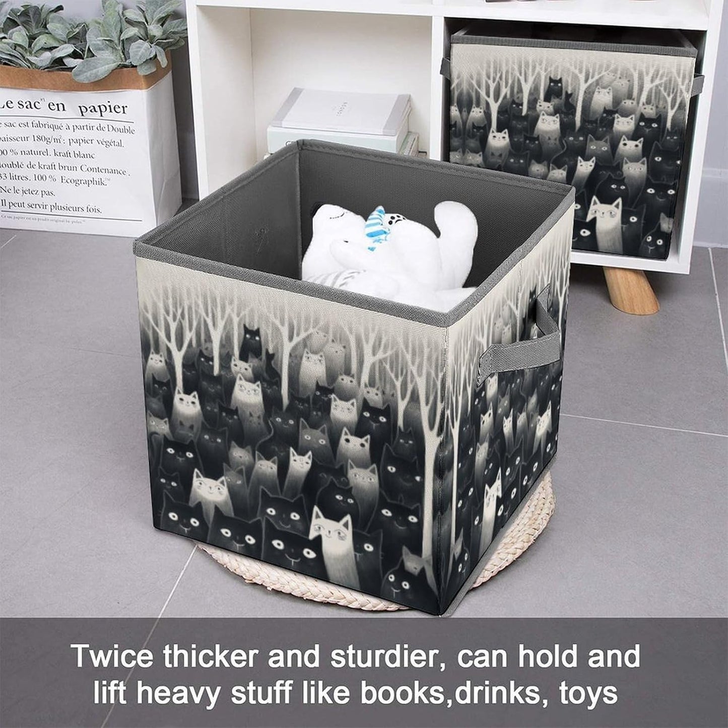 Black Cats Storage Bins with Handles Fashion Large Storage Cubes Sturdy Foldable Storage Boxes Space-Saving Storage Baskets for Home Office Clothes Closet Organizers
