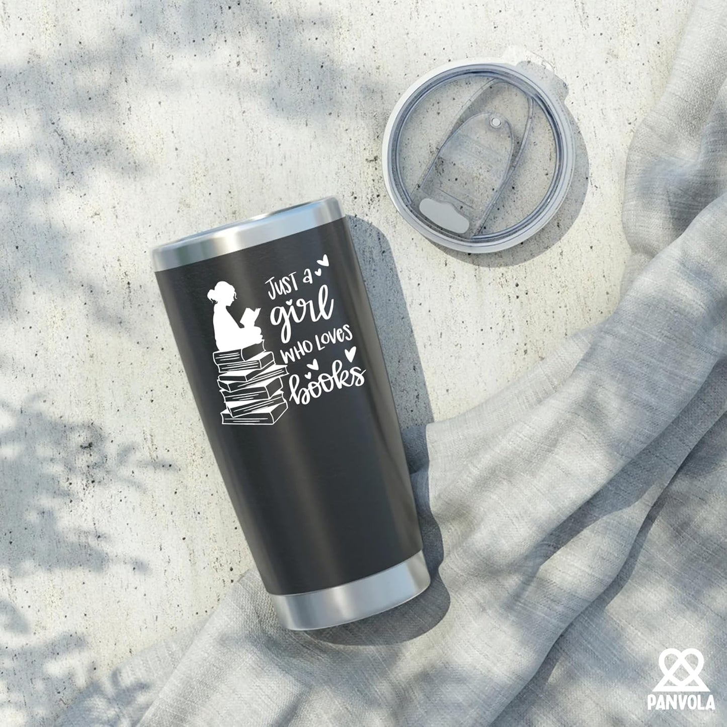 Panvola Just A Girl Who Loves Books Book Lover Gift For Woman Vacuum Insulated Stainless Steel Tumbler Reader Librarian Mug Bookworm Bibliophile Travel Mugs with Straw and Removable Lid 20 oz Black