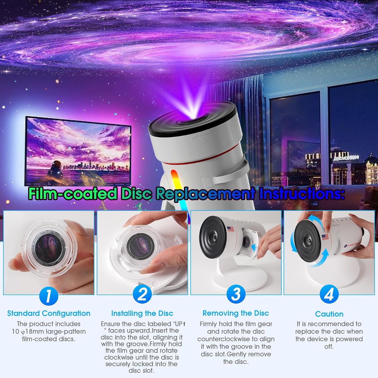 Galaxy Projector，Upgraded 4K HD Star Projector Lens, 10 Slides Image Planetarium BedRoom Lights，Ceiling Lights 360° Rotation 1/2/4Timer off &8 LED Color Night Light，for Bedroom, for Adults Kids