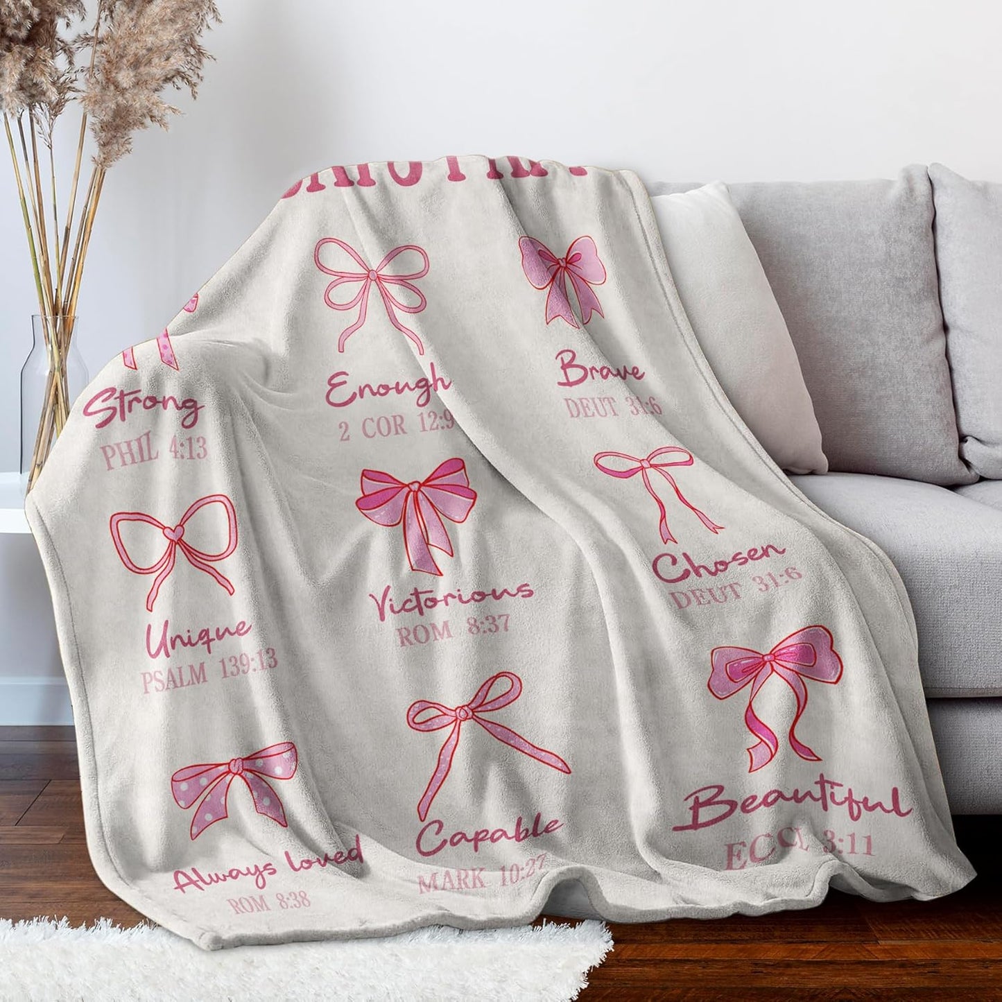 Baptism Gifts for Girls, Pink Bow Blanket, Christian Gifts for Women Birthday, Religious Inspirational Spiritual Confirmation Gift for Teen Girls, God Says I Am Bible Verse Blankets 60" x 50"