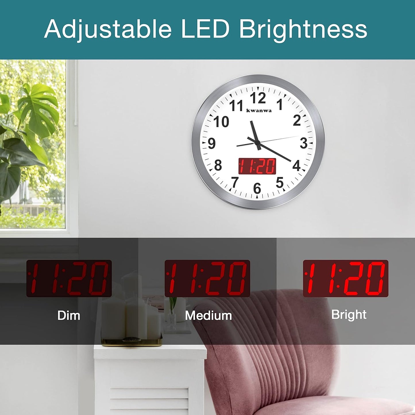 Wall Clock, 12" Metal Quartz LED Wall Clock, 1.4'' Light Sensor Auto Digital LED Time Display or Temperature, Adjustable Brightness, Battery Operated, Non Ticking Silent Quiet Sweep Second Hand