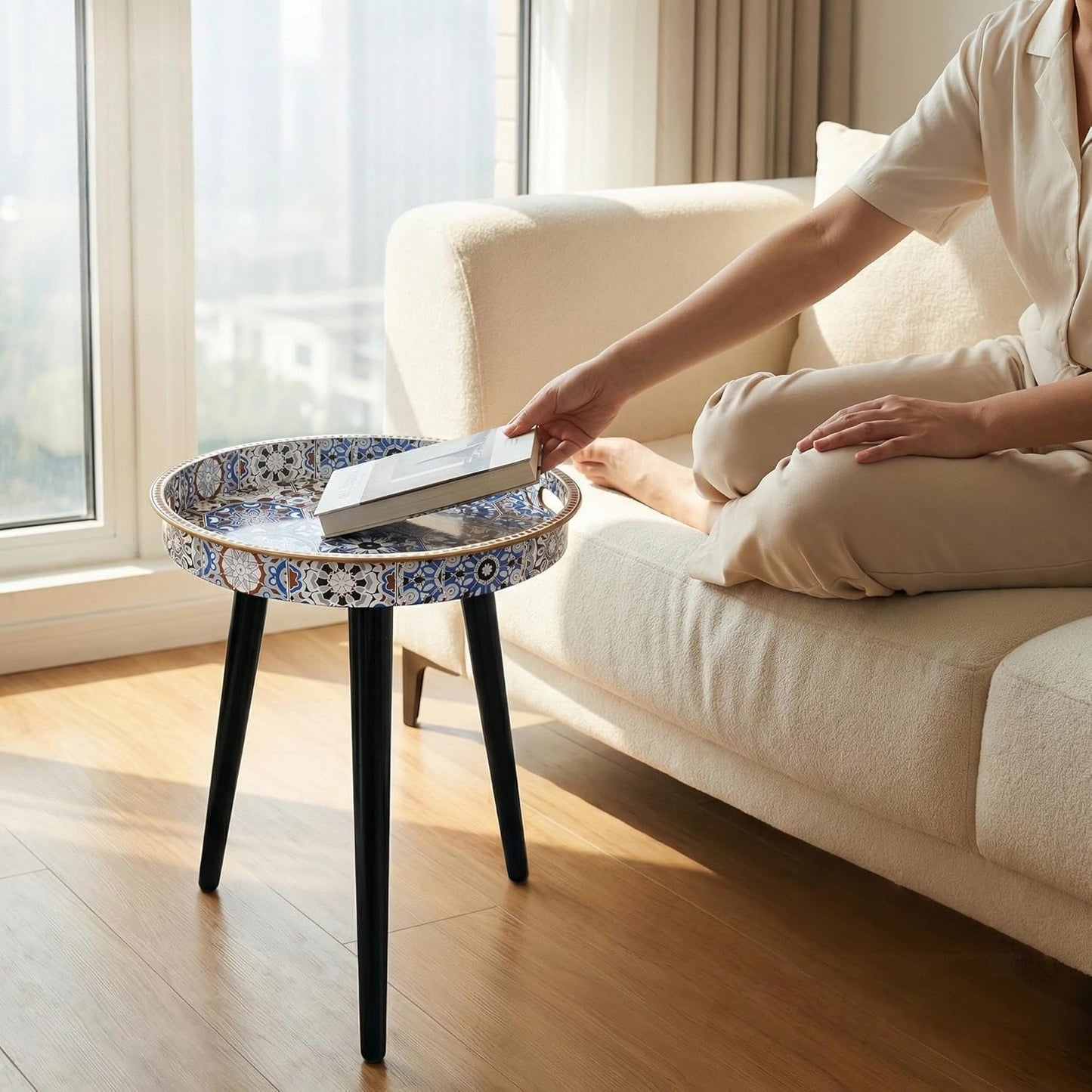 Zosenley Small Round Side Table - 13" Blue Boho Geometric End Table with Vintage Pattern Tray - Unique Artistic Accent Nightstand with Moisture-Resistant Wrapped Legs for Living Room Bedroom