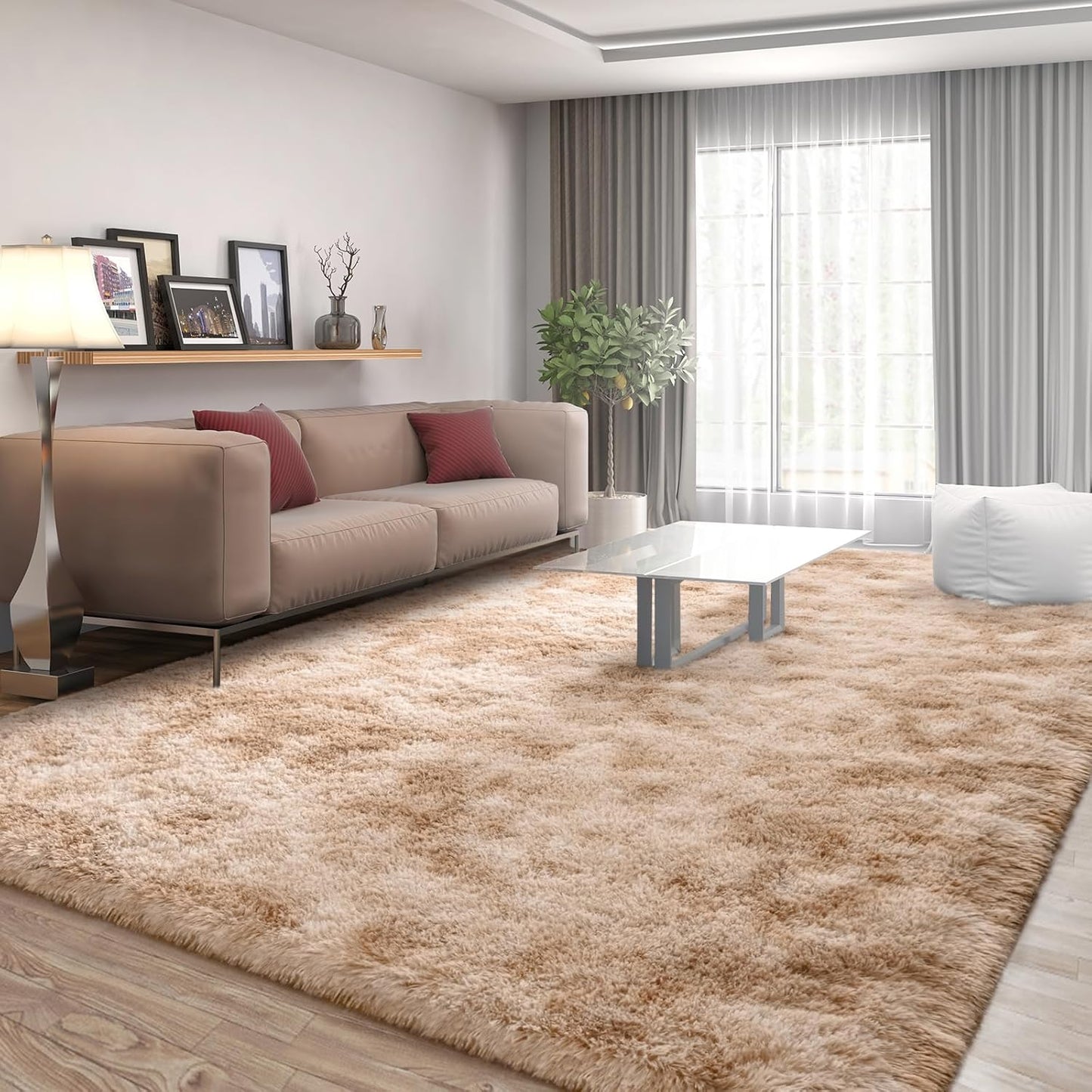 FlyDOIT Large Area Rugs for Living Room, 4x6 Feet Tie-Dyed Beige Shaggy Rug Fluffy Throw Carpets, Ultra Soft Plush Modern Indoor Fuzzy Rugs for Bedroom Girls Kids Nursery Room Dorm Home Decor