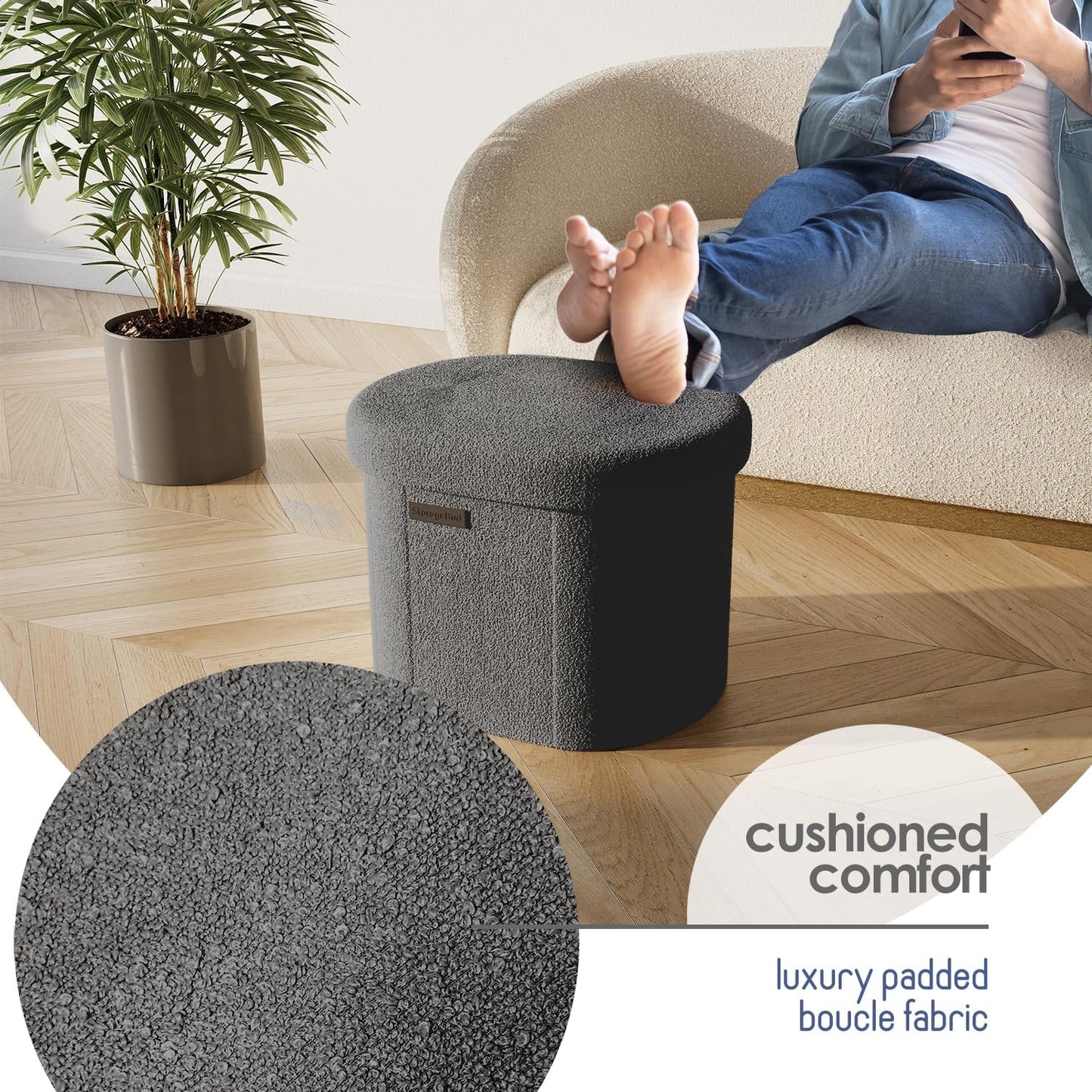 STORAGEBUD Round Ottoman with Storage for Living Room, 18 Inch Storage Ottoman, Small Ottomans Foot Rest, Boucle Foot Stool Ottomans Max 330lbs, Grey