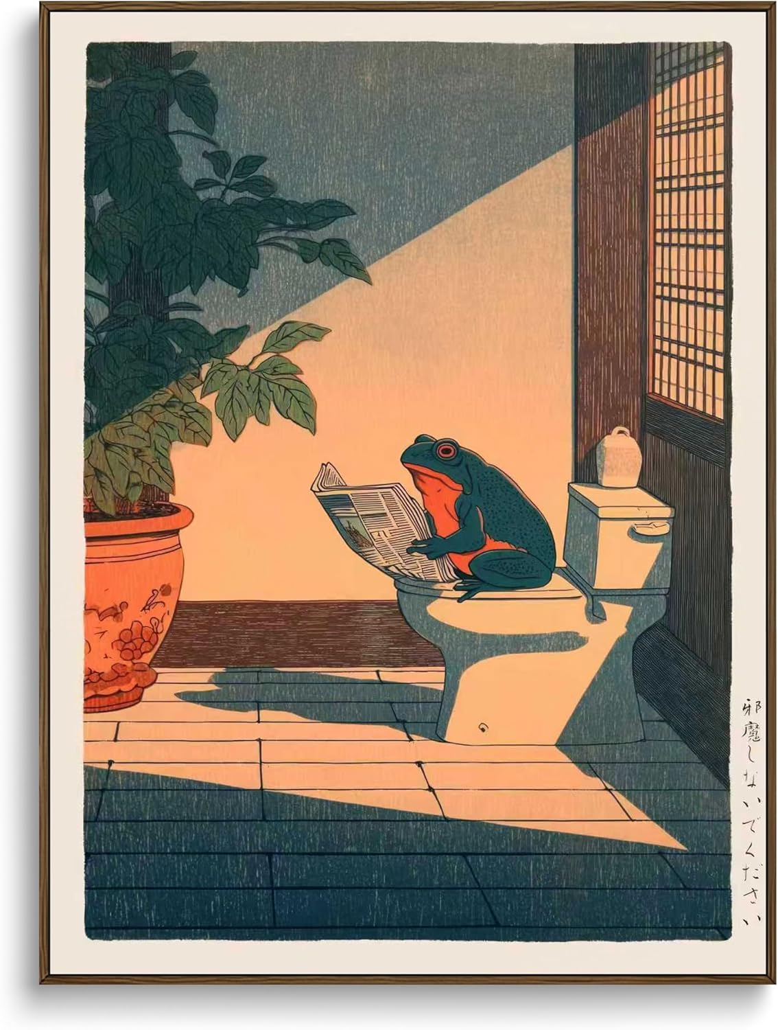 Paivovi Framed Funny Frog Bathroom Wall Art,Cute Japanese Frog in Toilet Wall Decor,Whimsical Green Animal Restroom Poster Canvas Painting Prints Artwork 12x16 inch