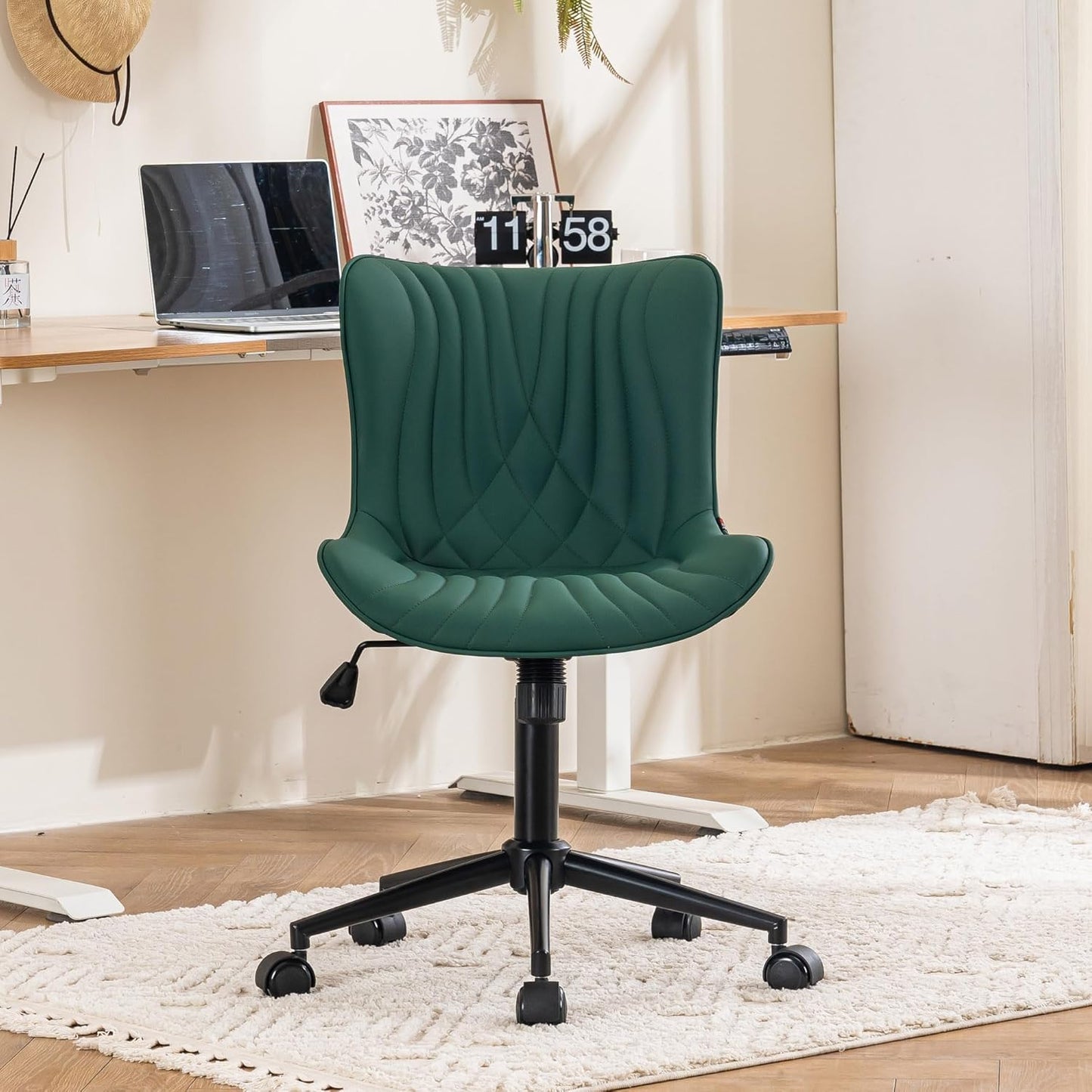 YOUTASTE Dark Green Armless Office Chair, Modern Adjustable Swivel Desk Chair with Wheels, Upholstered PU Leather, Black Metal Legs, Back Support for Home Office, Study, Vanity, Bedroom