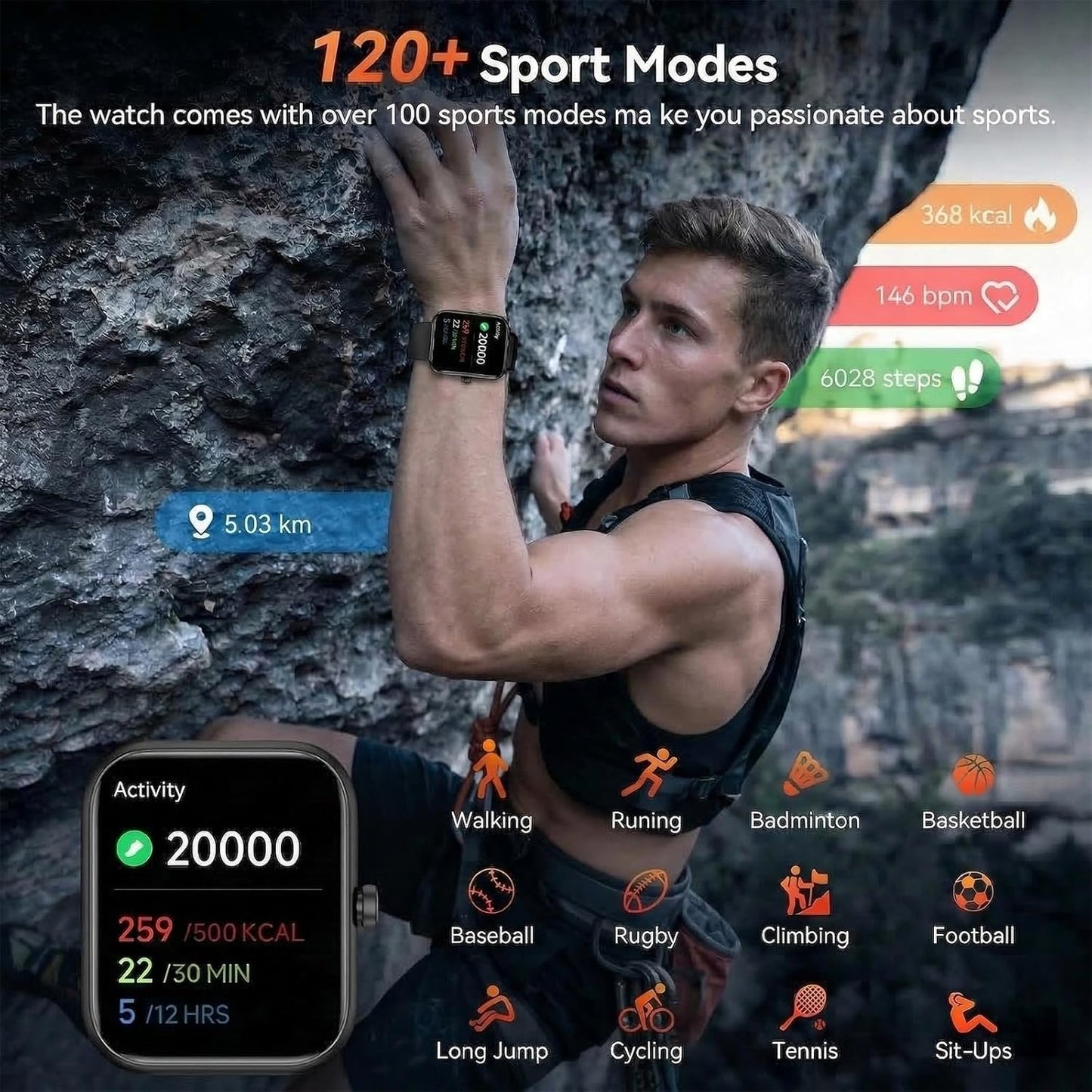 Smart Watch for Men Women with Alexa Built-in, 1.83" HD Full Touch, Bluetooth Calling, 24/7 Heart Rate Sleep Monitor, 100+ Sport Modes, IP68 Waterproof, Compatible with iOS Android (Black)