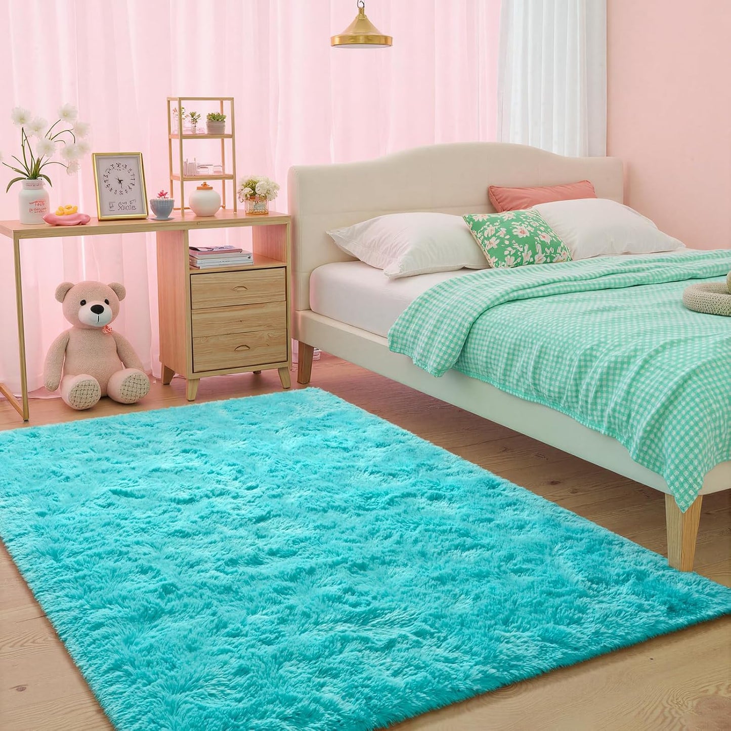 junovo Blue Washable Area Rug for Boys Bedroom Living Room, 4x5.3 Soft Non-Slip Fluffy Rugs, Shag Plush Memory Foam Carpet for Kids Room Baby Nursery Home Decor