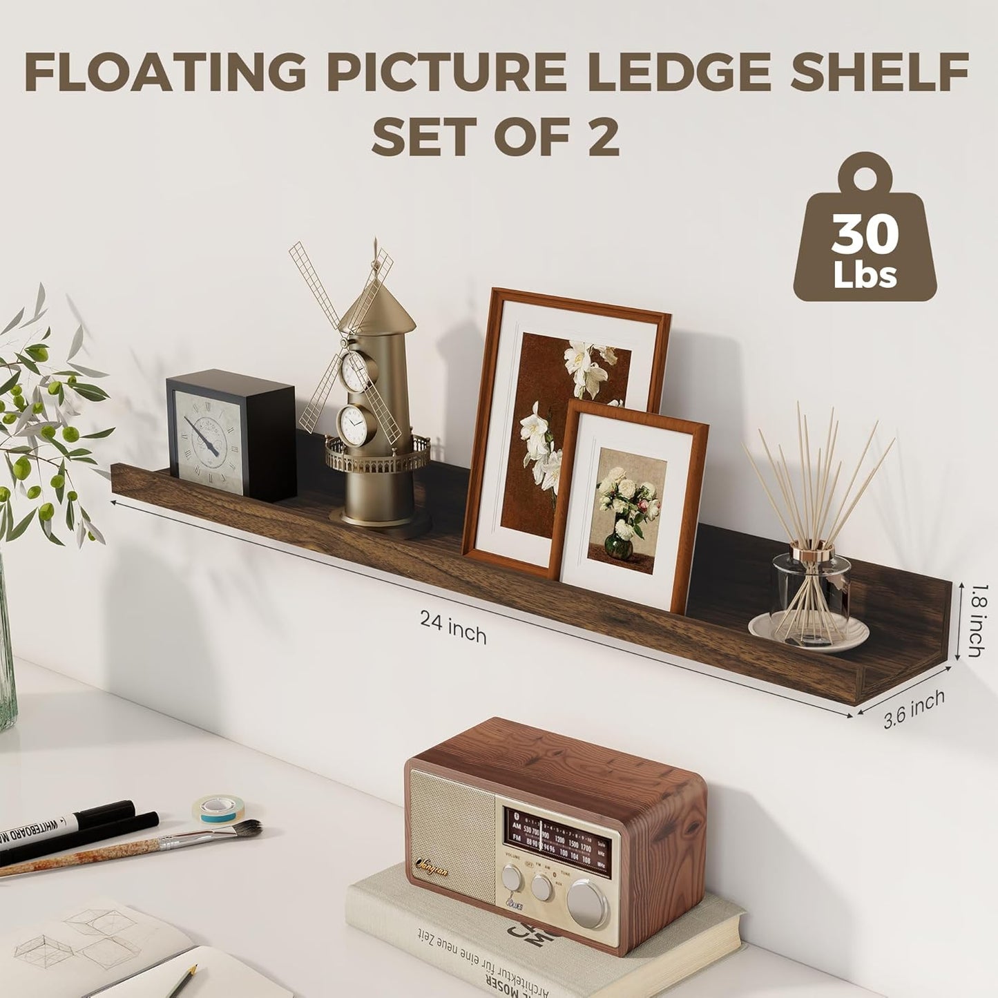 Axeman Picture Ledge Shelf | 24 Inch Floating Shelves Set of 2 | Walnut Wall Shelves with Lip | Walnut Picture Shelf for Wall with Ledge | Photo Ledges 24 Inch