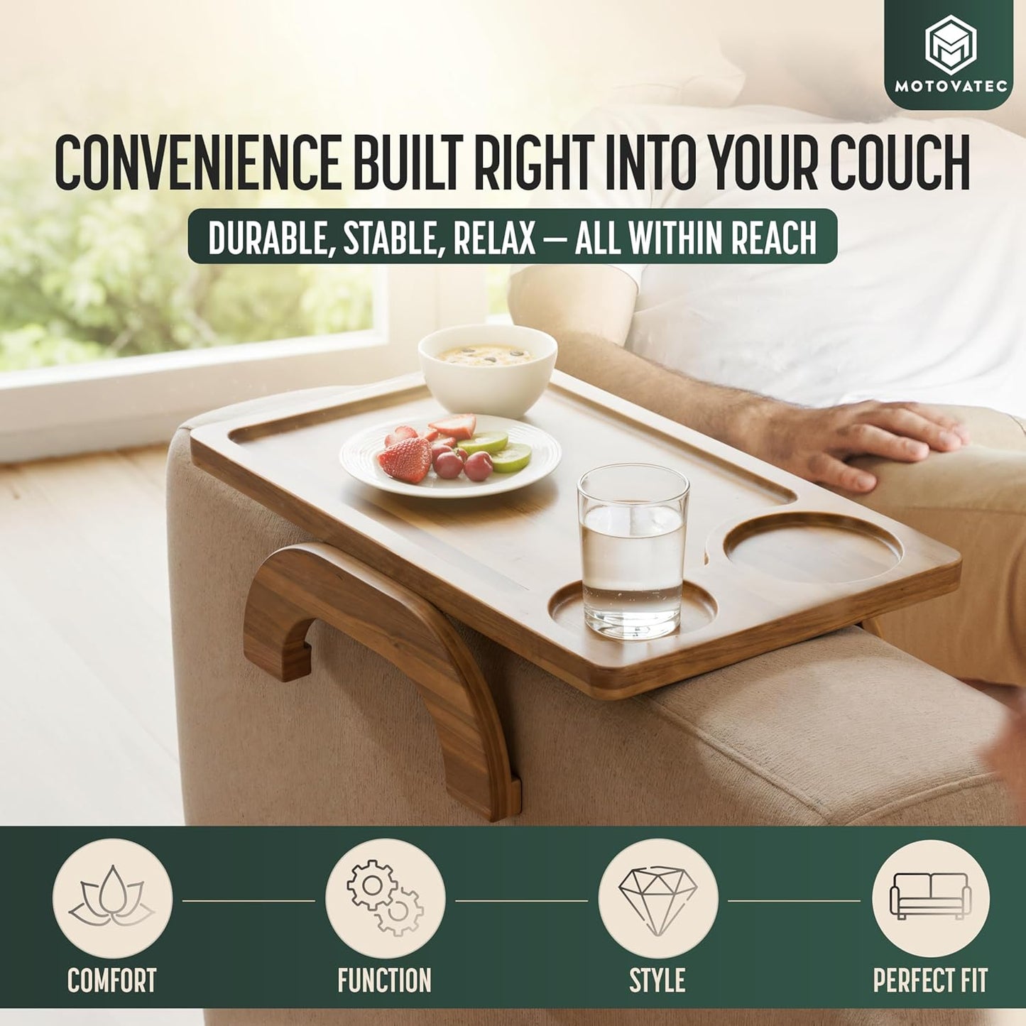 Acacia Wood Sofa Arm Tray - 3-in-1 Couch Arm Table with Phone Holder, Cup Placer & Foldable Tray - Armrest Clip-On Design for Couch with 360° Rotated Phone Holder