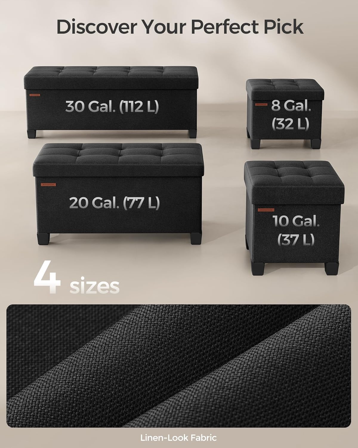 SONGMICS Storage Ottoman, Small Ottoman Foot Rest with Legs, 15 x 15 x 15.7 Inches Foot Stool, Load up to 660 lb, for Living Room, Bedroom, Dorm, Ink Black ULSF014B01
