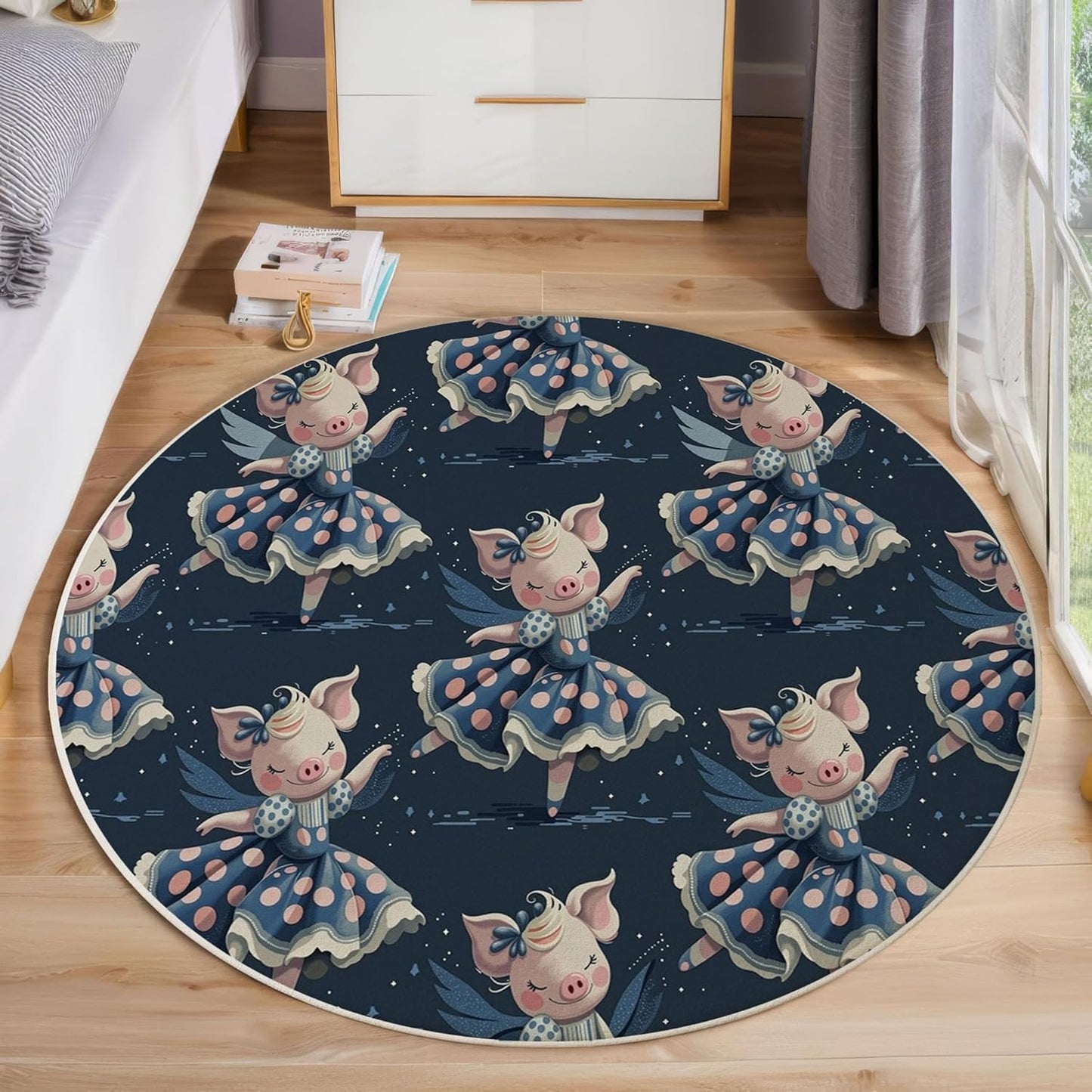 Washable Fun Dress Pig Area Rug, 3Ft Round Rugs for Living Room Soft Carpet for Bedroom Animal Starry Sky Indoor Stain Resistant Non-Shedding Floor Carpet, Dark Blue, 3Ft-Round
