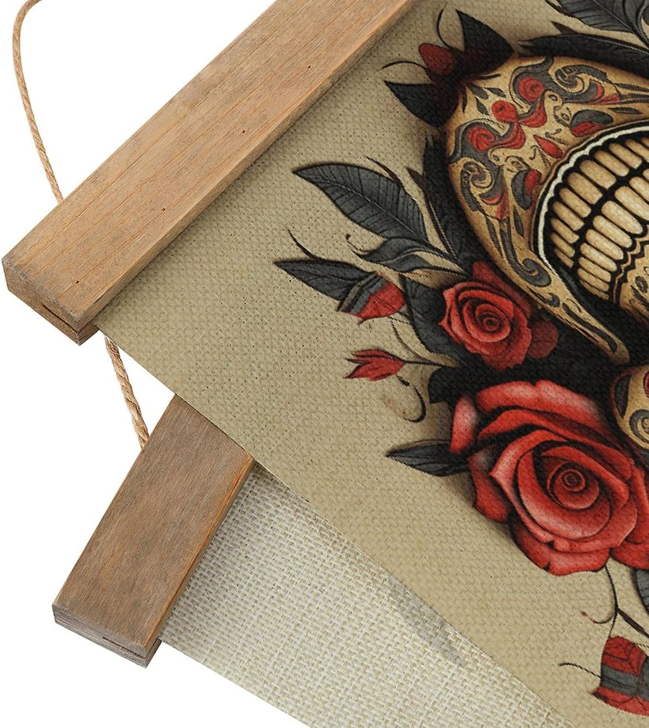 Vintage Red Rose Sugar Skull Poster with Wooden Frame Personalized Linen Hanging Scroll Painting Rustic Wall Hanging Illustrative Modern Artwork Decor for Home Living Room Bedroom Office