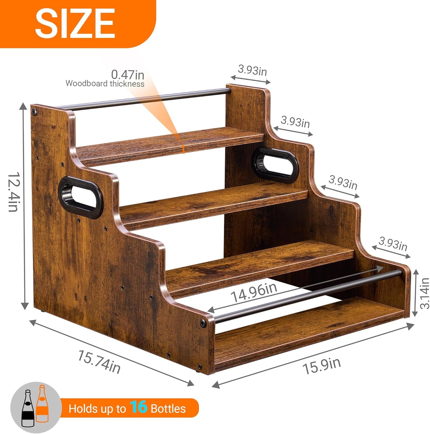4-Tier Tiered Liquor Bottle Display Shelf - 16-Inch Rustic Wood Liquor Rack & Coffee Syrup Organizer - Heavy-Duty Countertop Spice Rack with Guardrails & Handles for Bar, Kitchen, Office