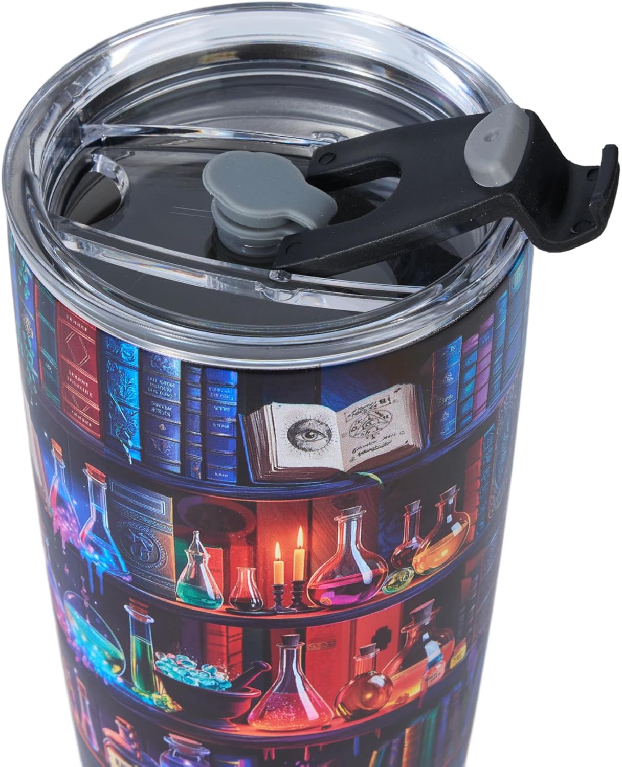 Book Lovers 20oz Stainless Steel Tumbler – Colorful Bookshelf Design Cup – Insulated Travel Mug with Lid – Gift for Readers, Fantasy Lovers, Halloween, Christmas