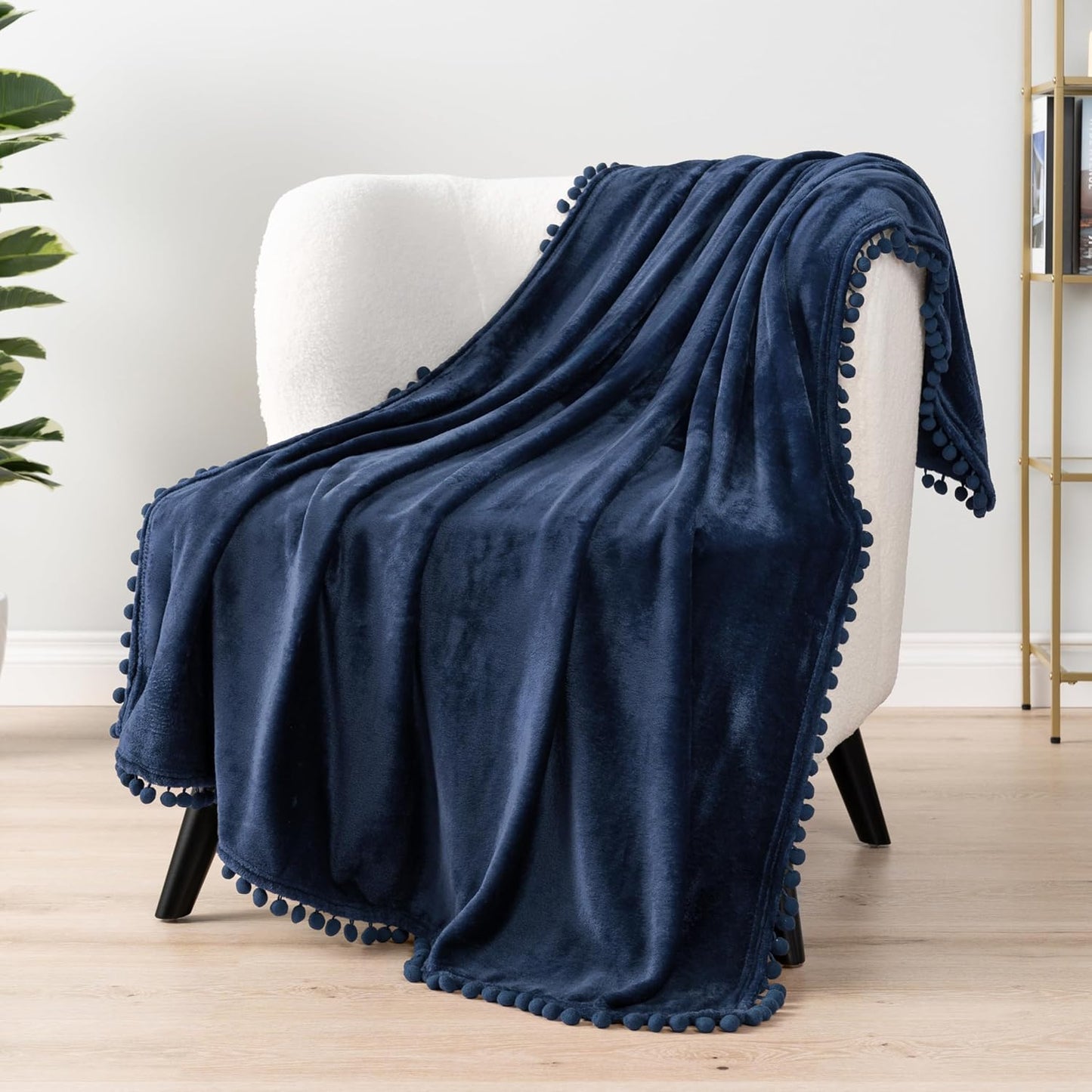 PAVILIA Fleece Throw Blanket for Couch with Pom Pom Fringe, Navy Blue, Soft Cozy Fuzzy Flannel Blanket for Sofa Bed, Large Lightweight Plush All Season Throw, 60x80 Inches