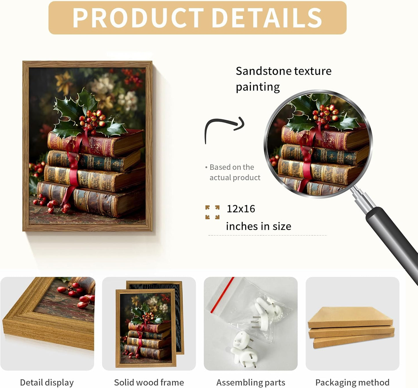 Vintage Christmas Books Canvas Wall Art Framed, Dark Academia Pictures Wall Decor, Rustic Xmas Bookish Decor, Moody Paintings Prints, Winter Navidad Artwork for Home Library Reading Room 12x16 Inch