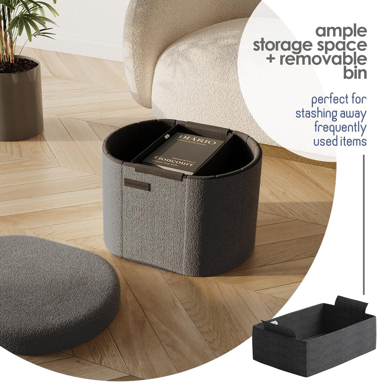 STORAGEBUD Round Ottoman with Storage for Living Room, 18 Inch Storage Ottoman, Small Ottomans Foot Rest, Boucle Foot Stool Ottomans Max 330lbs, Grey