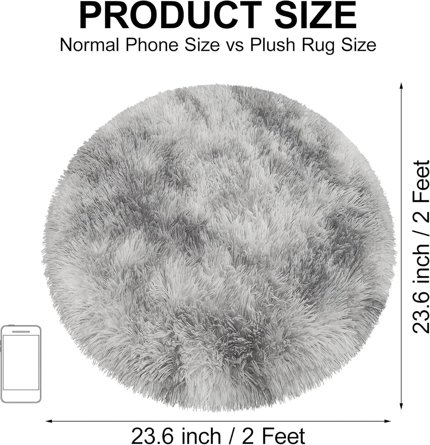 Tie Dye Grey Round Rugs Small 2x2 ft Fluffy Circle Rug Furry Carpet Shaggy Circular Fuzzy Plush Area Rug for Girls Bedroom Kids Room Nursery Cute Room Decor Chair Cushion Pet mat Doormat