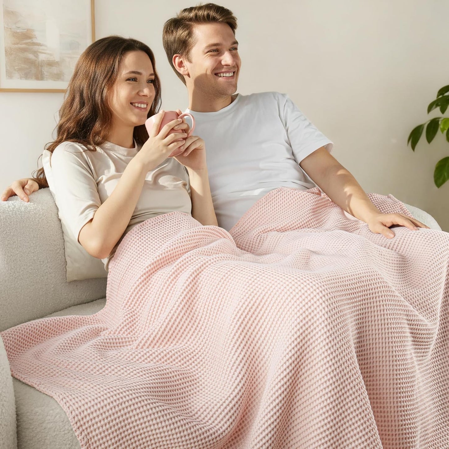 Exclusivo Mezcla 100% Cotton Waffle Weave Throw Blanket, Soft, Lightweight and Breathable Muslin Gauze Blanket for Couch, Sofa, All Season, 50"x70", Pink