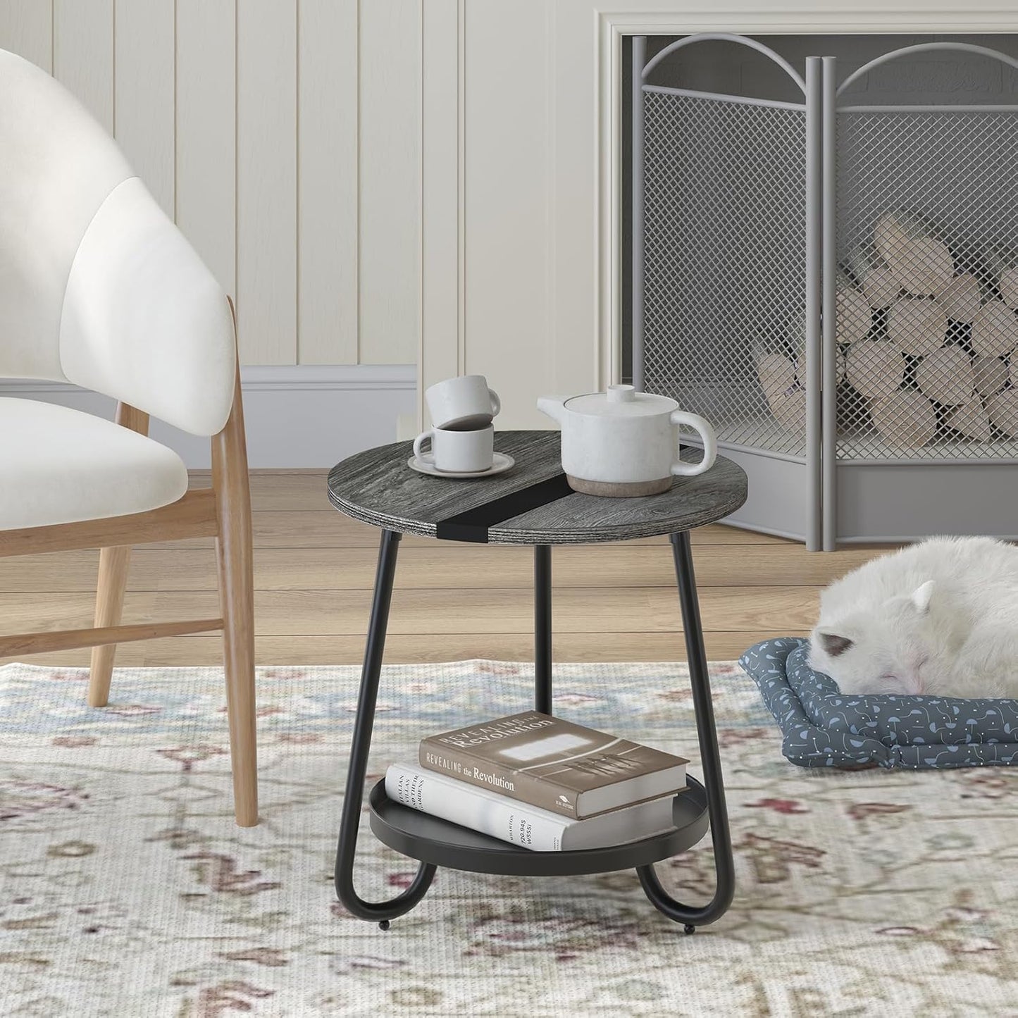 2 Tier Coffee Table in Living Room, Industrial Style Round Coffee Table with Metal Tray, Wood Small Outdoor Coffee Table for Bedroom Balcony Patio, Gray
