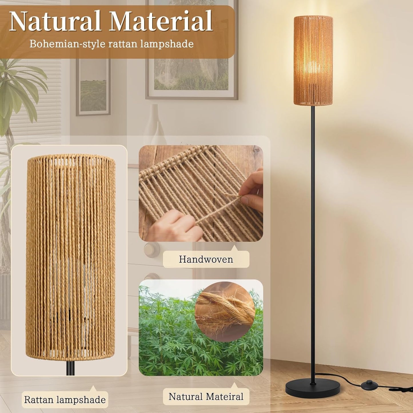 Floor Lamp for Living Room,Farmhouse Floor lamp,Modern Standing lamp with Hand-Worked Rattan Shade (Straight Line Rattan Shade- 3 Color Bulb)