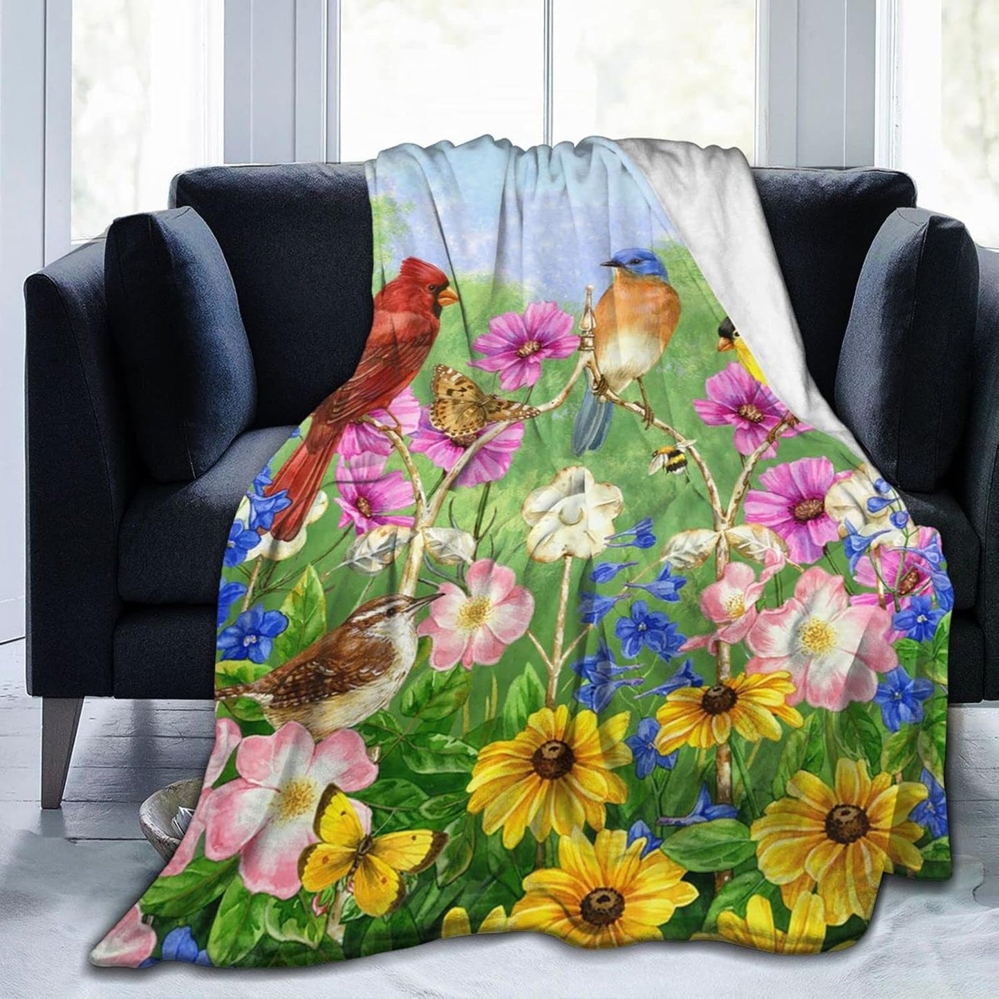 Perinsto Spring Flowers Birds Throw Blanket Ultra Soft Warm All Season Rustic Sunflowers Floral Cardinal Decorative Fleece Blankets for Bed Chair Car Sofa Couch Bedroom 60"X50"
