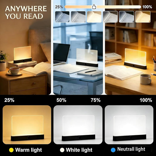 Smart LED Reading Light, Rechargeable Flat Book Light for Night Reading, Dimmable Full Page Panel Lamp with 3 Colors & Timer, Eye Protection Portable Lamp for Bedside, Travel, Study