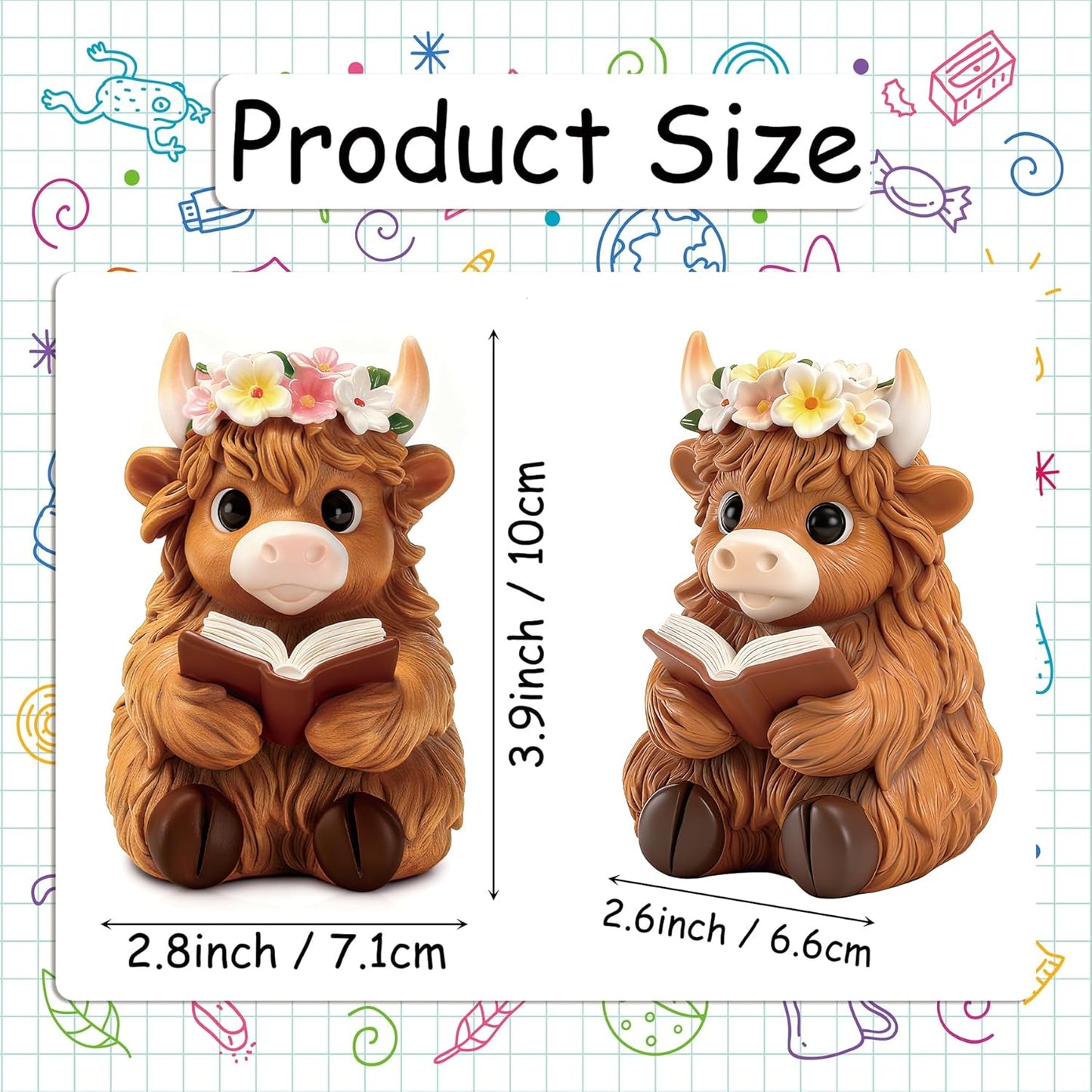 Highland Cow Figurine for Book Shelf Decor, Highland Cows Themed Gifts for Women, Resin Figures Home Desk Decorations Accents (Read)