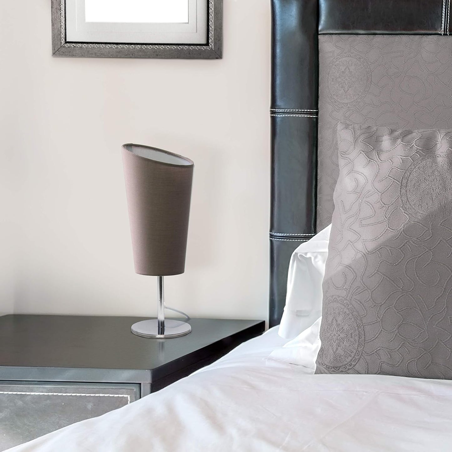Simple Designs LT2061-GRY Mini Chrome Angled Fabric Shade Table Lamp, Gray