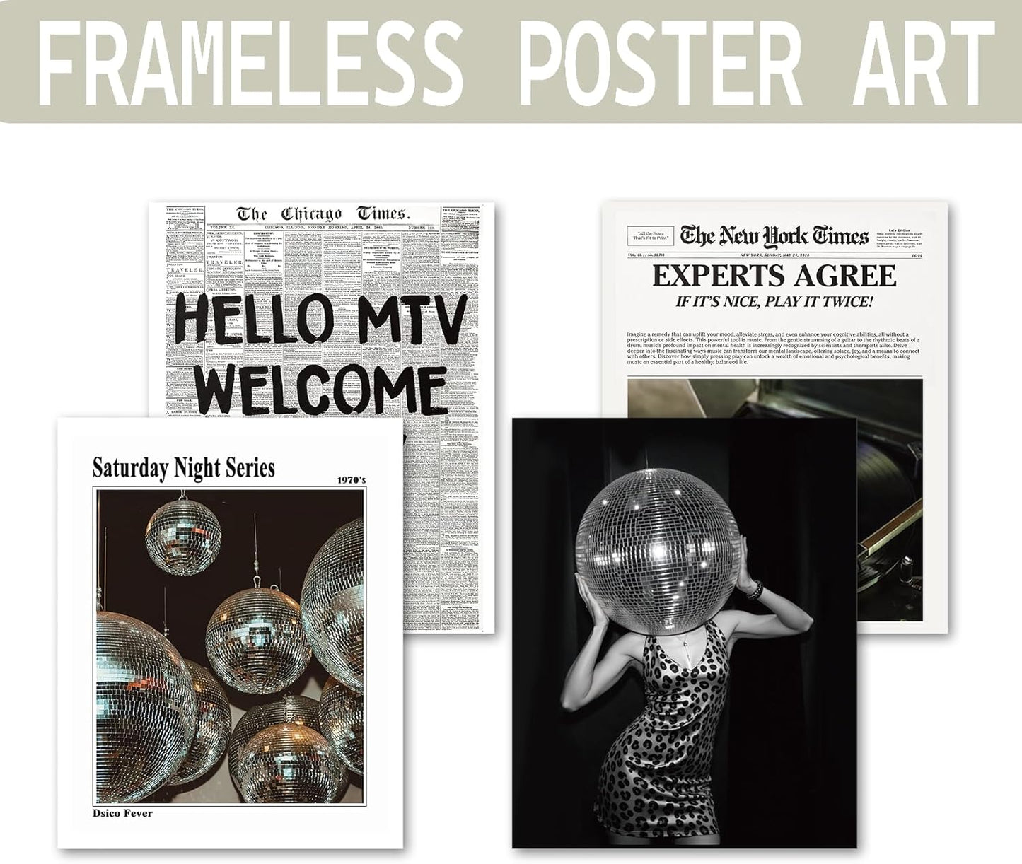 KDHTY Vintage 70s Disco Ball Newspaper Prints Wall Art,Retro Room Cheetah Print Decor,Trendy Black And White Newspaper Wall Art,Record Player Poster for Room Aesthetic,Vintage Decor for College Apartment 8x10 Unframed 4 Pcs