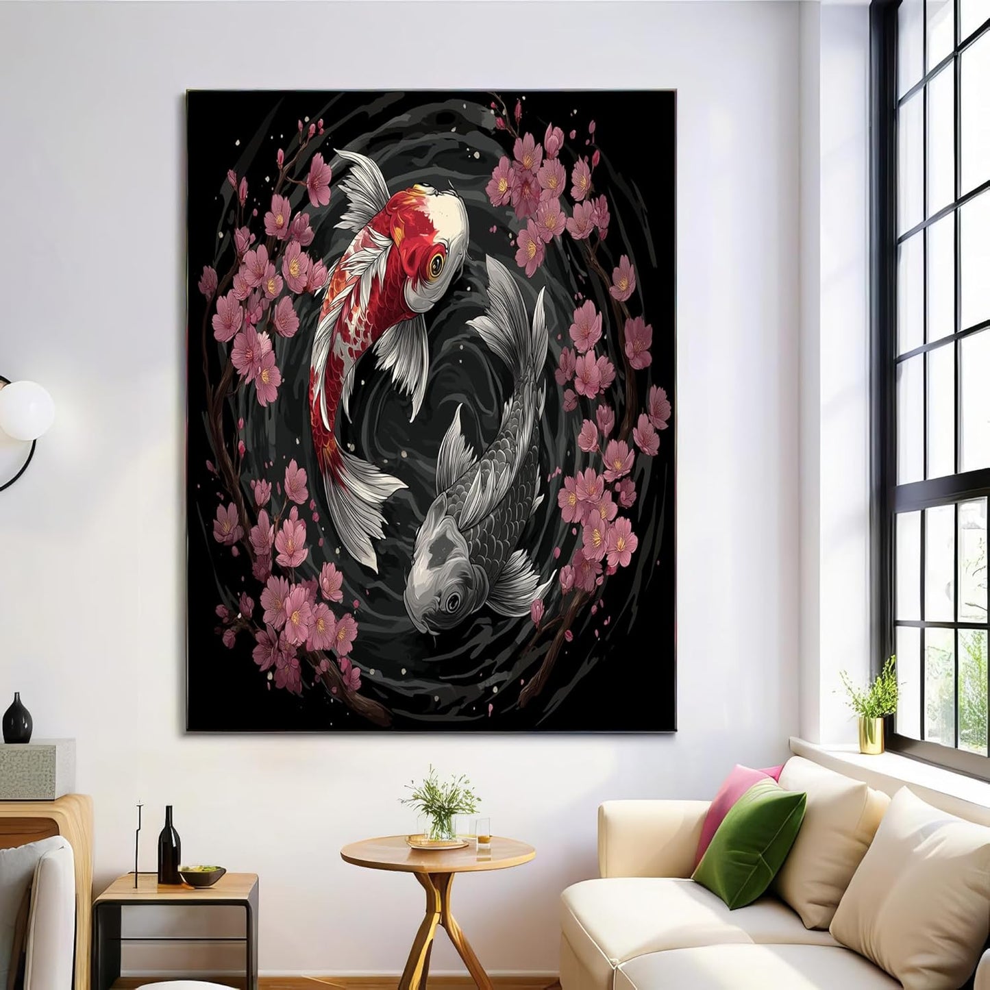 GDJSMIN Japanese Tattoo Aesthetics Wall Art, Yin And Yang Koi Cherry Blossoms Poster for Reading Room Living Room Decor 12x 16 inch Unframed