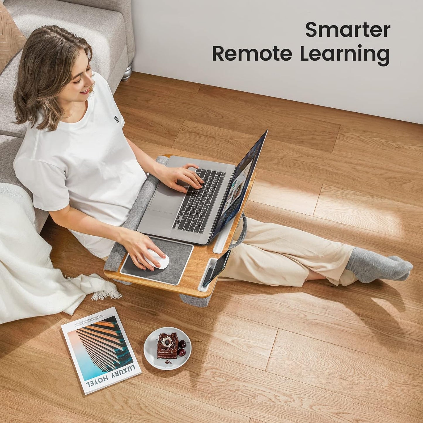 Totnz Lap Desk, Home Office Laptop Desk Fits up to 17 inches with Mouse Pad, Wrist Pad, Tablet, Pen & Phone Holder, Laptop Stand for Reading, Writing and Working, Wood Grain (TZLD3)