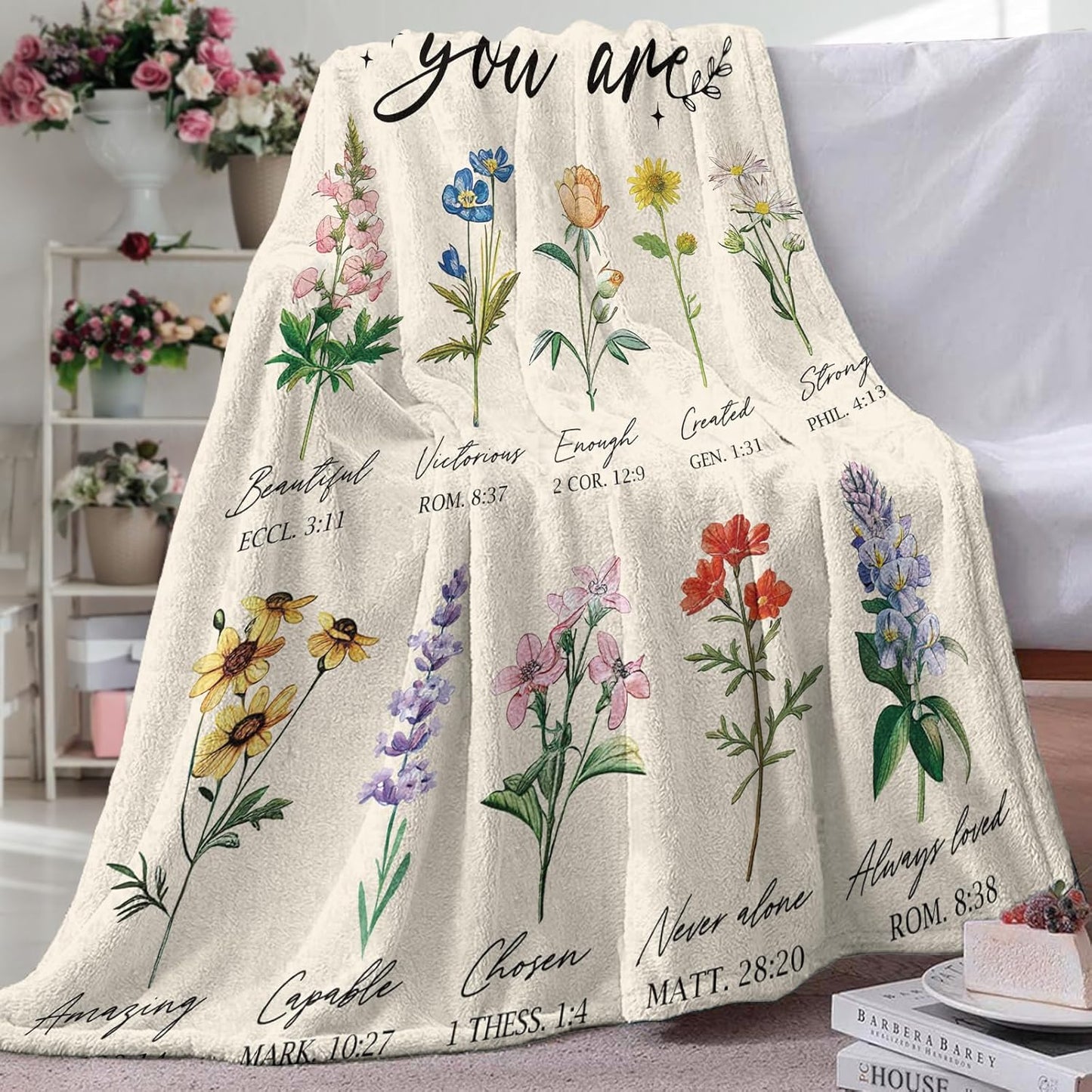 Christian Floral Gifts for Women Flannel Throw Blanket, Religious Inspirational Flower Birthday Ideas, Wildflower Bible Verse Soft Blankets Present for Girls Friends Mom 50"x60"