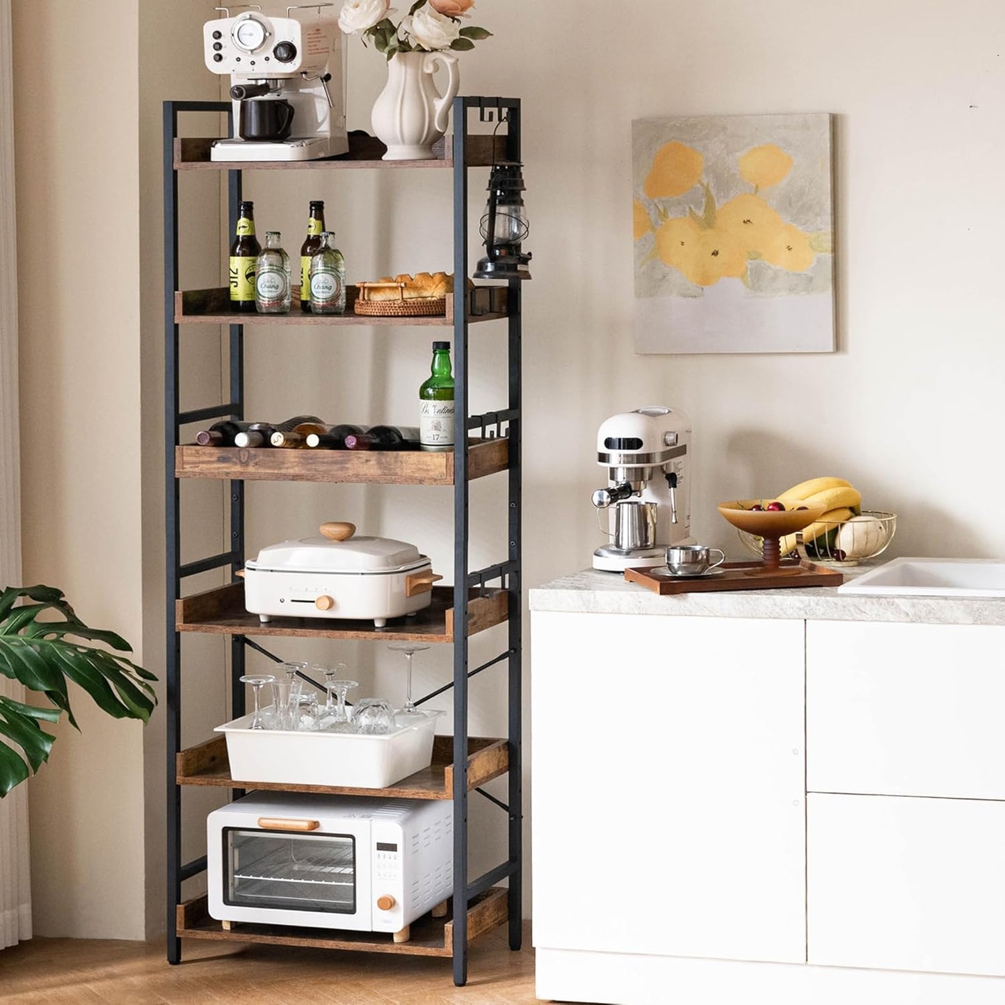 6-Tier Adjustable Open Bookcase — Industrial Wood & Black Metal, Rustic Farmhouse