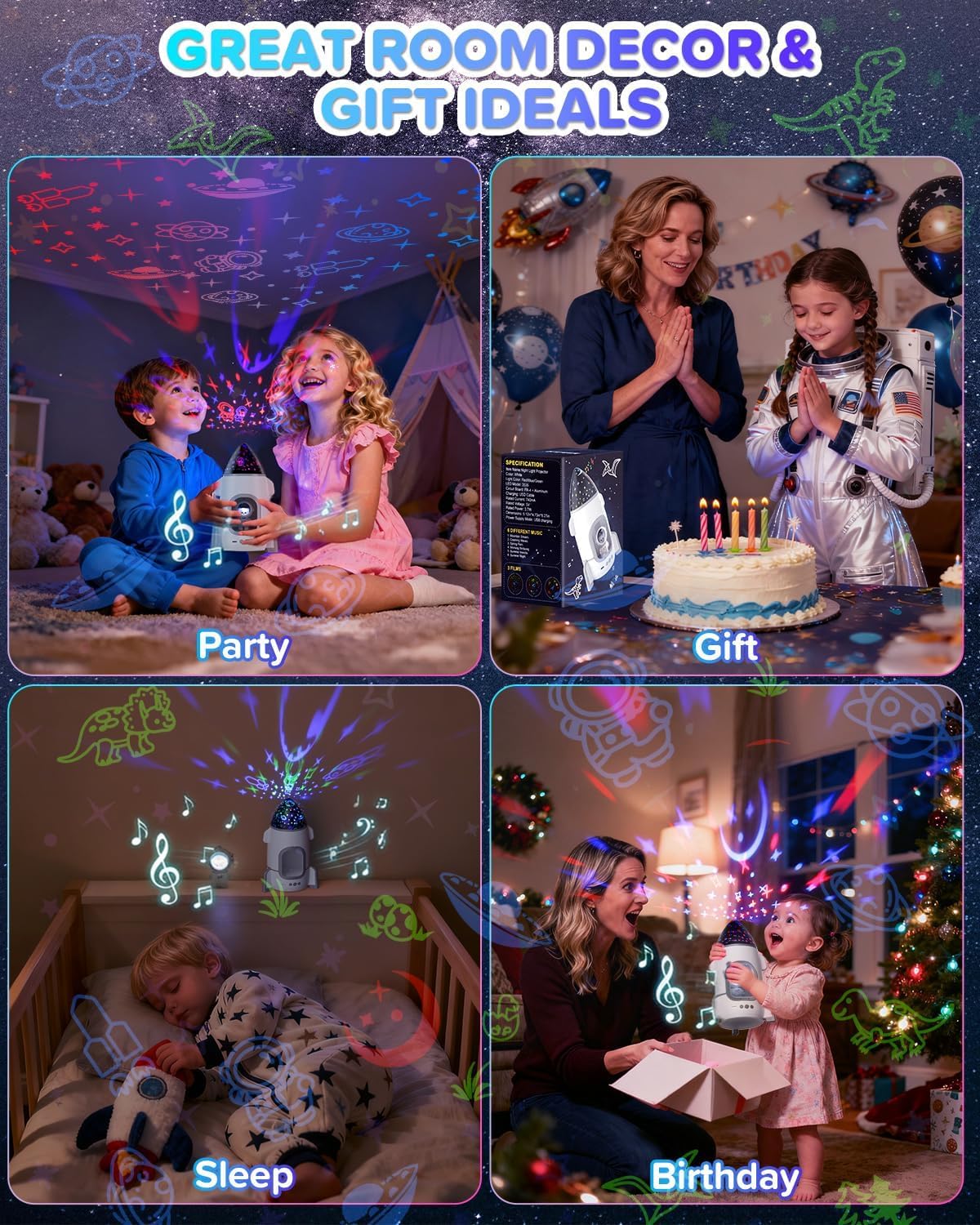 Rocket Night Light Projector for Kids Boys Toddlers Sensory Toys with Music&Films,Nightlight Lamp Astronaut Ceiling Star Projector 360° Rotation&Rechargeable,Birthday Gifts Kids Bedroom Room Decor