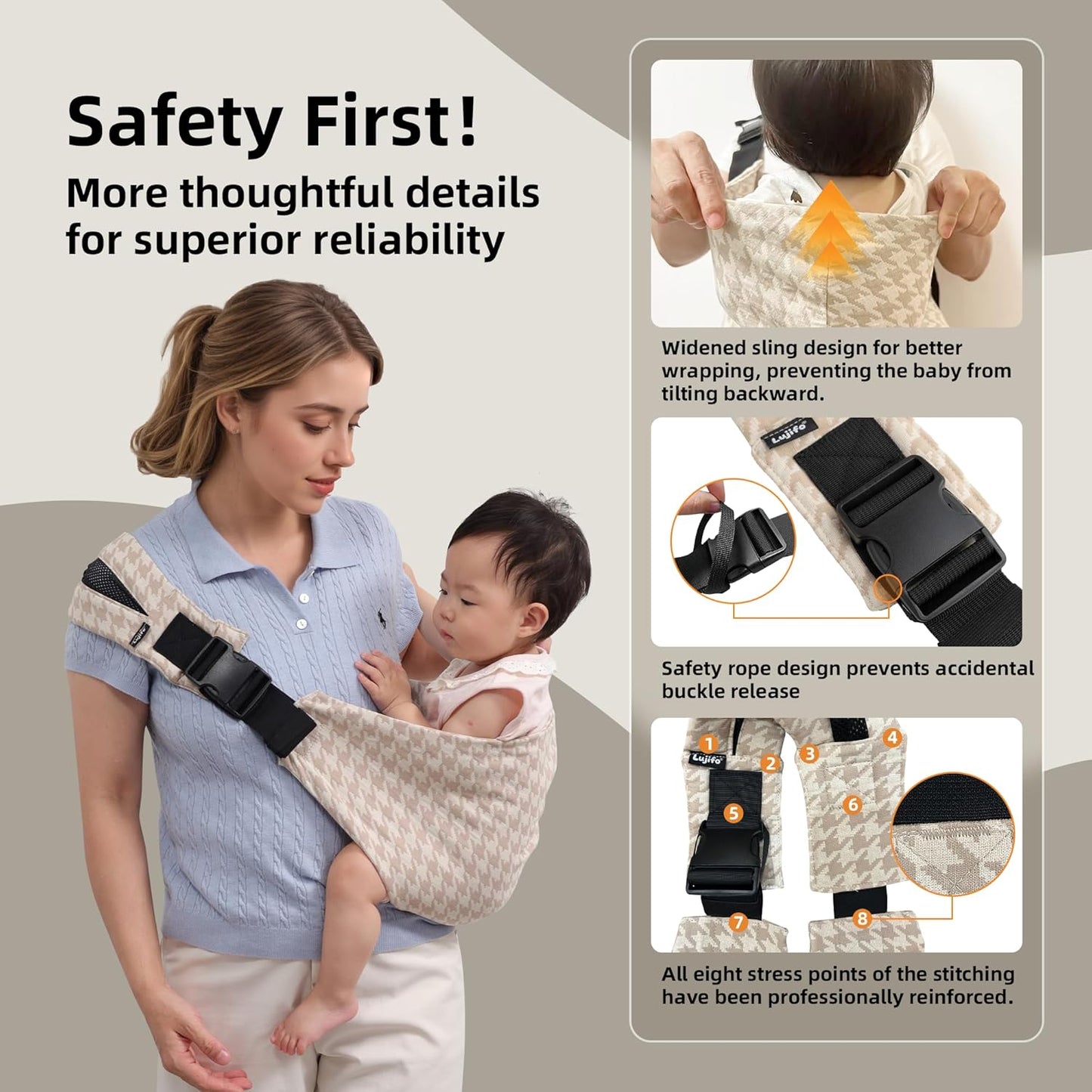 Baby Sling Carrier for Toddler, Houndstooth Baby Carrier Sling, Premium Cotton Linen Adjustable in Both Front and Back Shoulder Strap, Portable and Lightweight Toddler Carrier