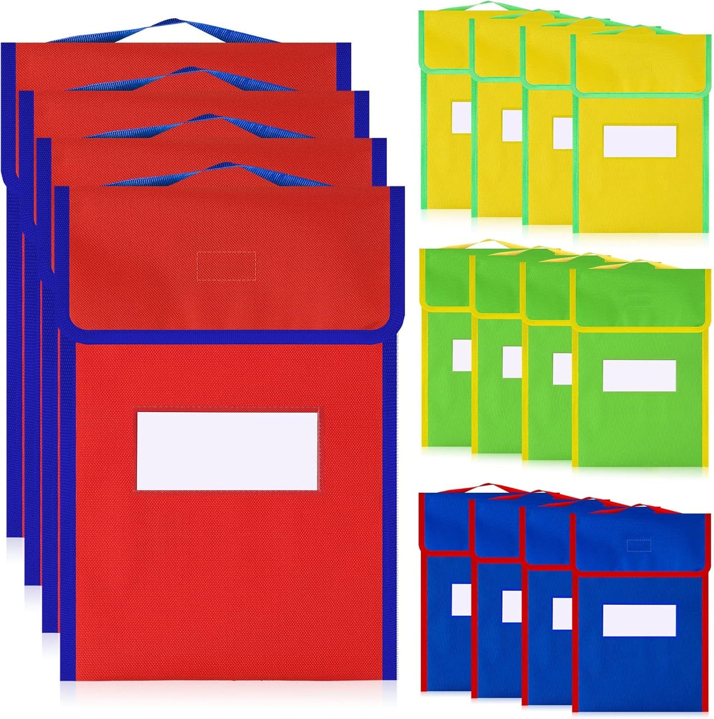 Buryeah 16 Pcs Large Book Bags for Classroom Book Pouches Bulk for Student Kids School 12 x 15 Inch Nylon Reading Bags with Clear Name Tag and Handle