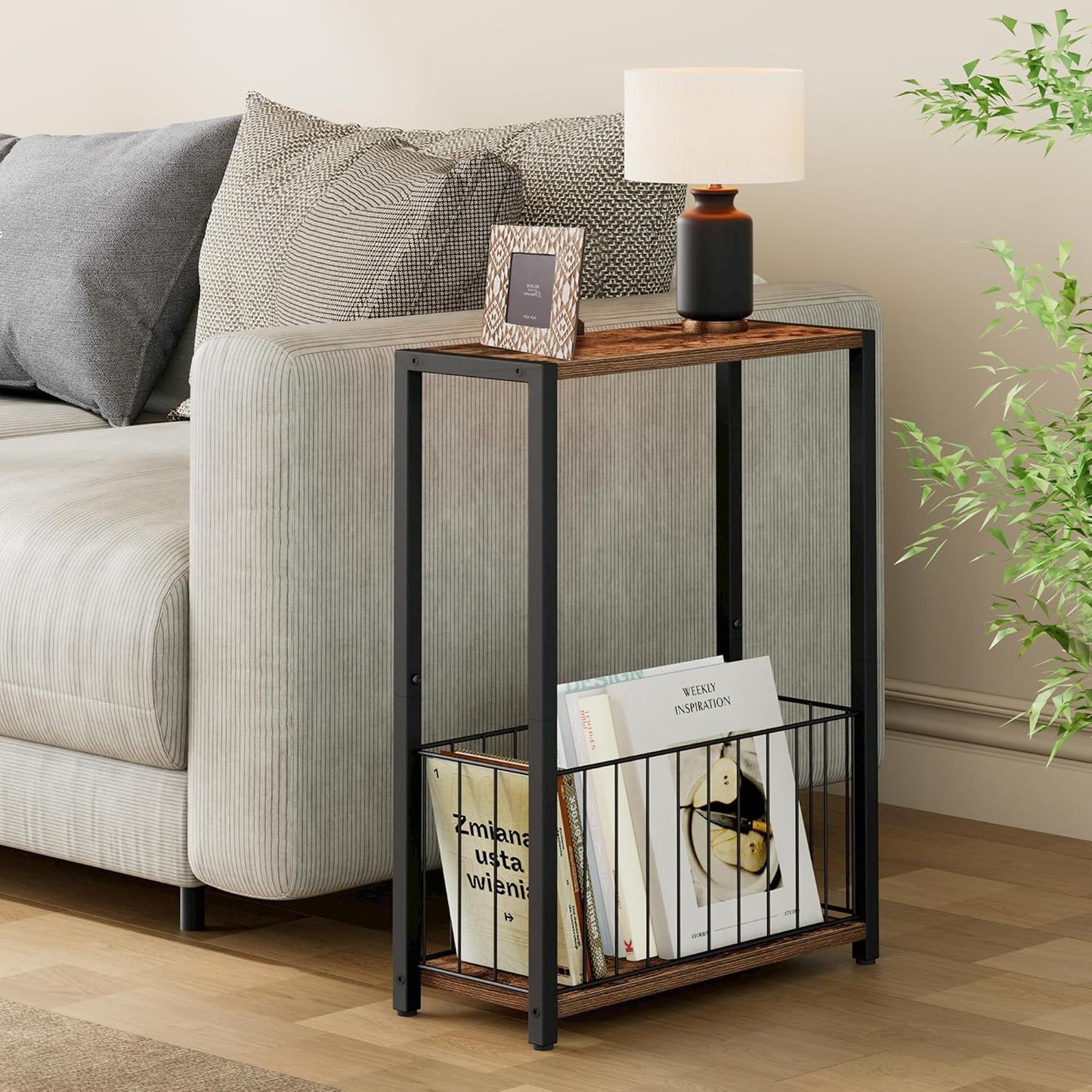 Narrow Side Table with Magazine Holder, Skinny End Table Perfect for Small Spaces, Space-Saving Design for Living Room, Bedroom, or Office, 7.1" D x 16.9" W x 23.6" H, Rustic Brown