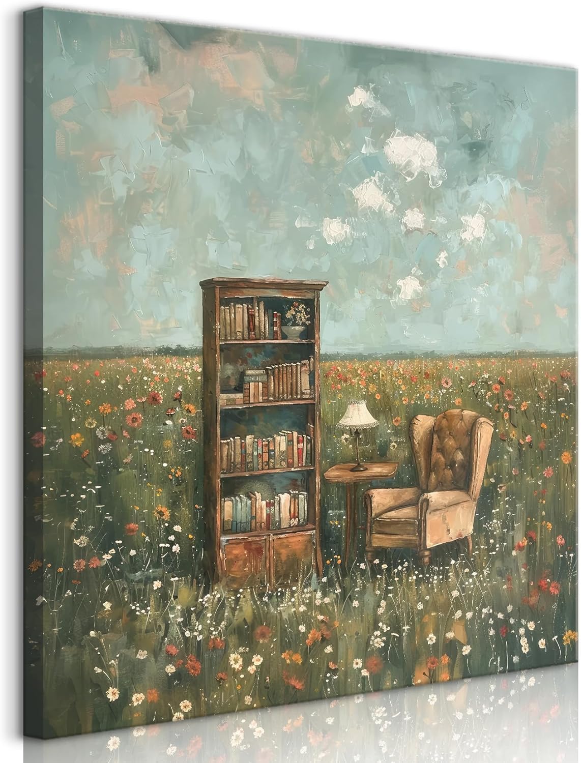 LSXARTQQ Vintage Book Nook Wall Art Whimsical Impressionist Flower Field Wall Decor Retro Book Club Home Library Decor Painting Picture Rustic Farmhouse Bookish Themed Canvas Print (12x12inch)