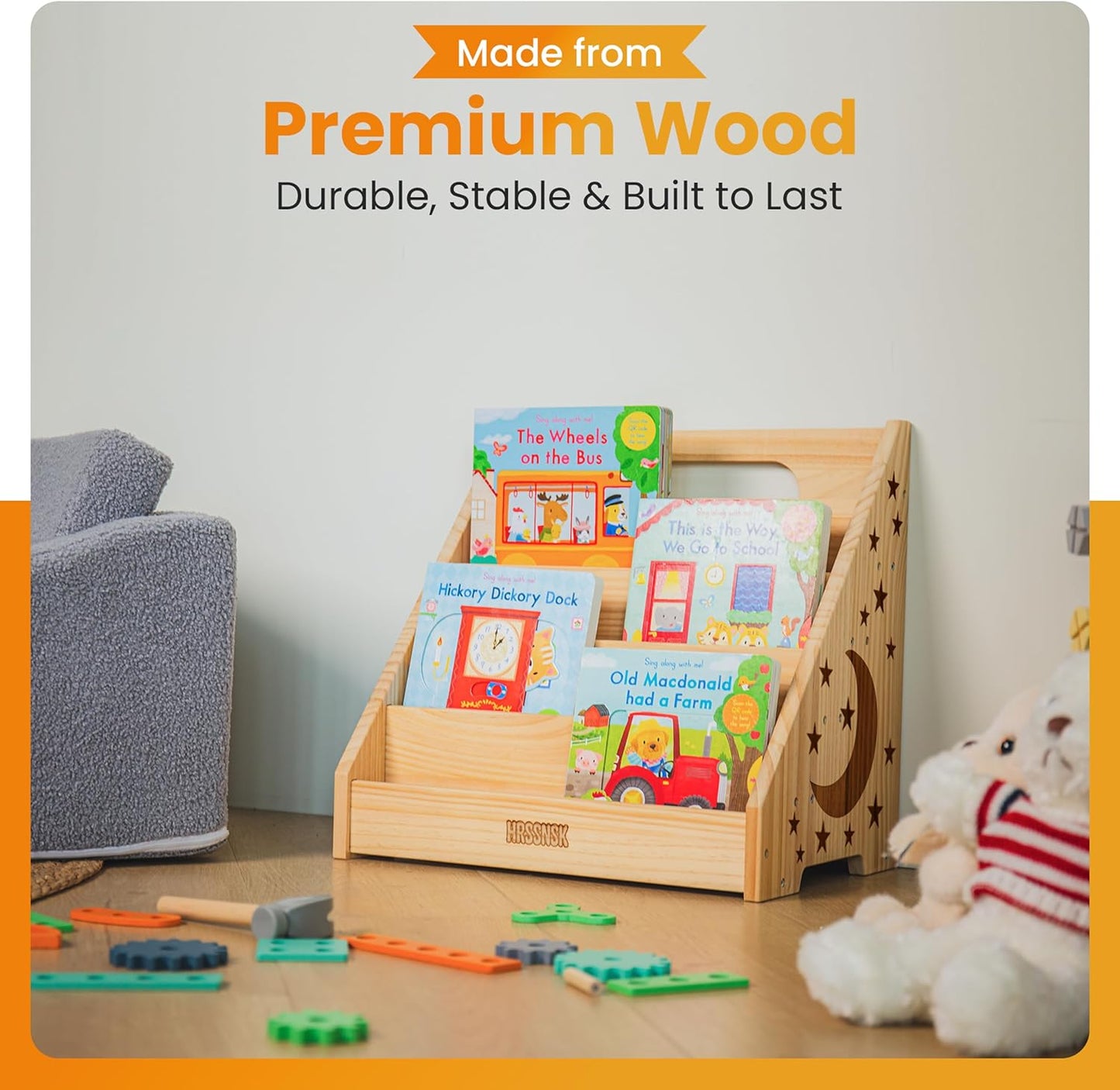 Montessori Baby Bookshelf, Natural Pinewood Front Facing Nursery Bookshelf, Small Kids Bookcase Book Organizer for Toddlers, 16.5 Inch Wide