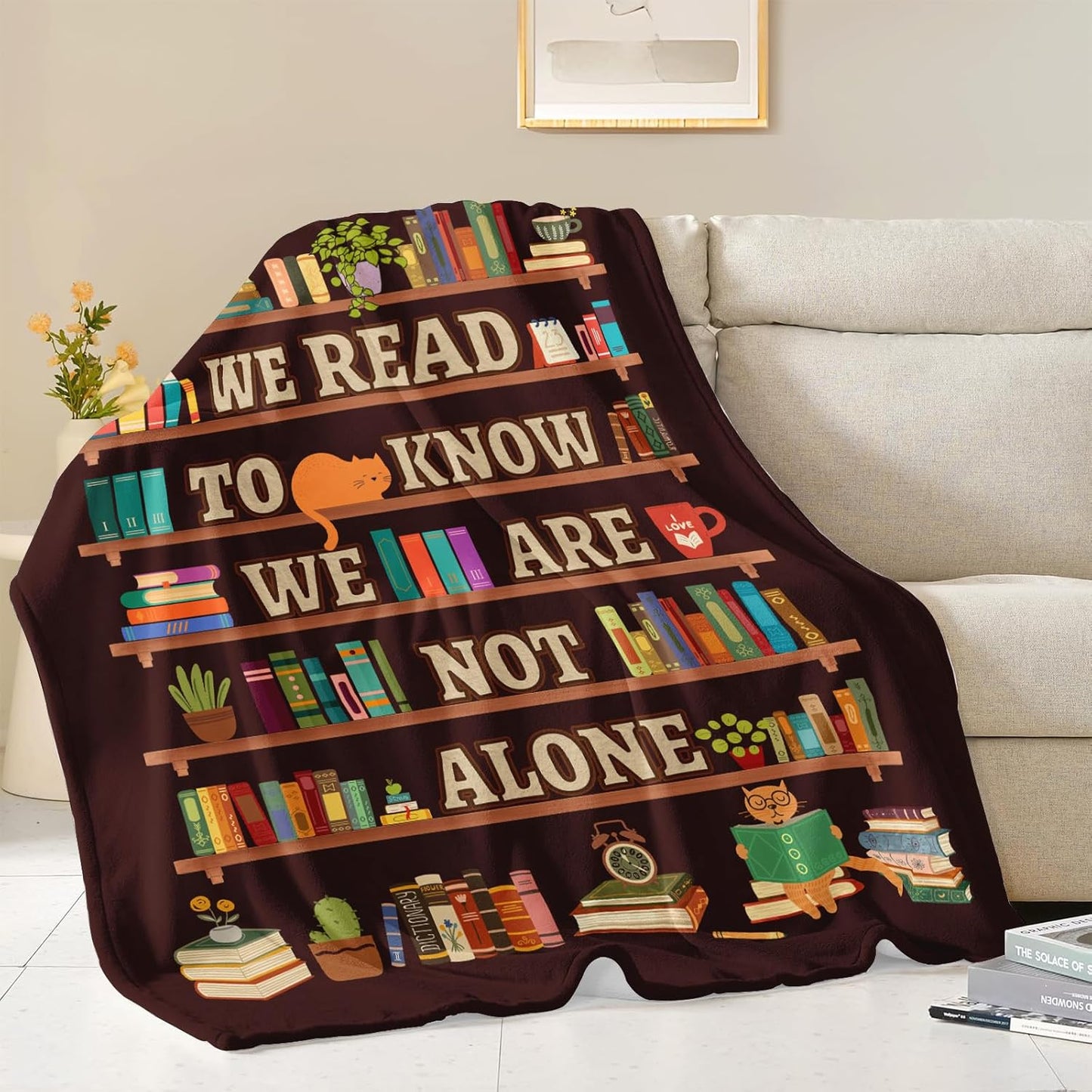 Decorative Reading Throw Blanket, Fuzzy Soft Cozy Flannel Blanket for Home Bed Sofa Couch, Motivational Bookshelf Design, 50x60 Inch