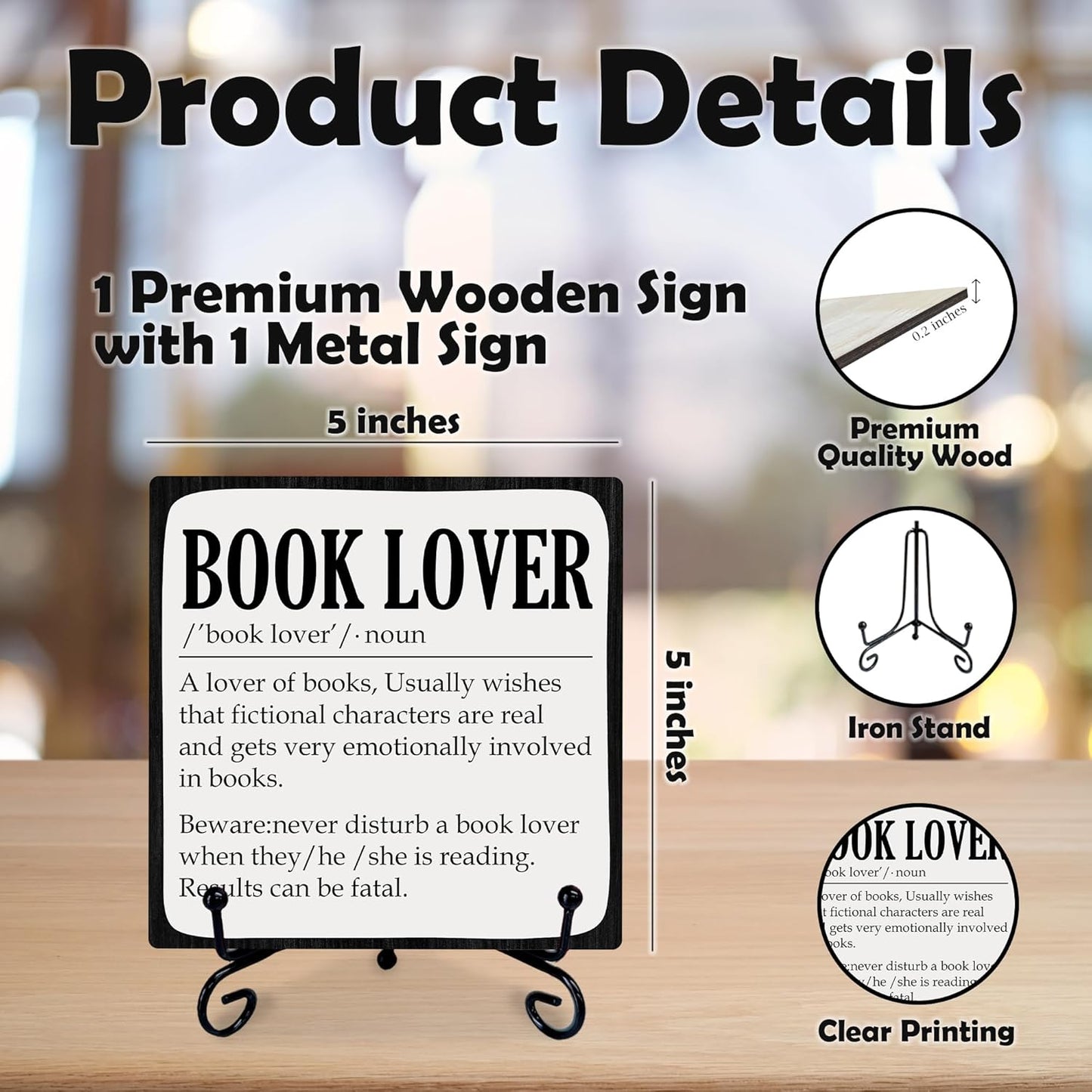 Reading Lover Wooden Plaque - Book Lover Wooden Sign with Metal Stand, Inspirational Library & Bookshelf Decor for Home, Office Desk - Gift for Women, Men, Readers(5x5 Inches)-A01