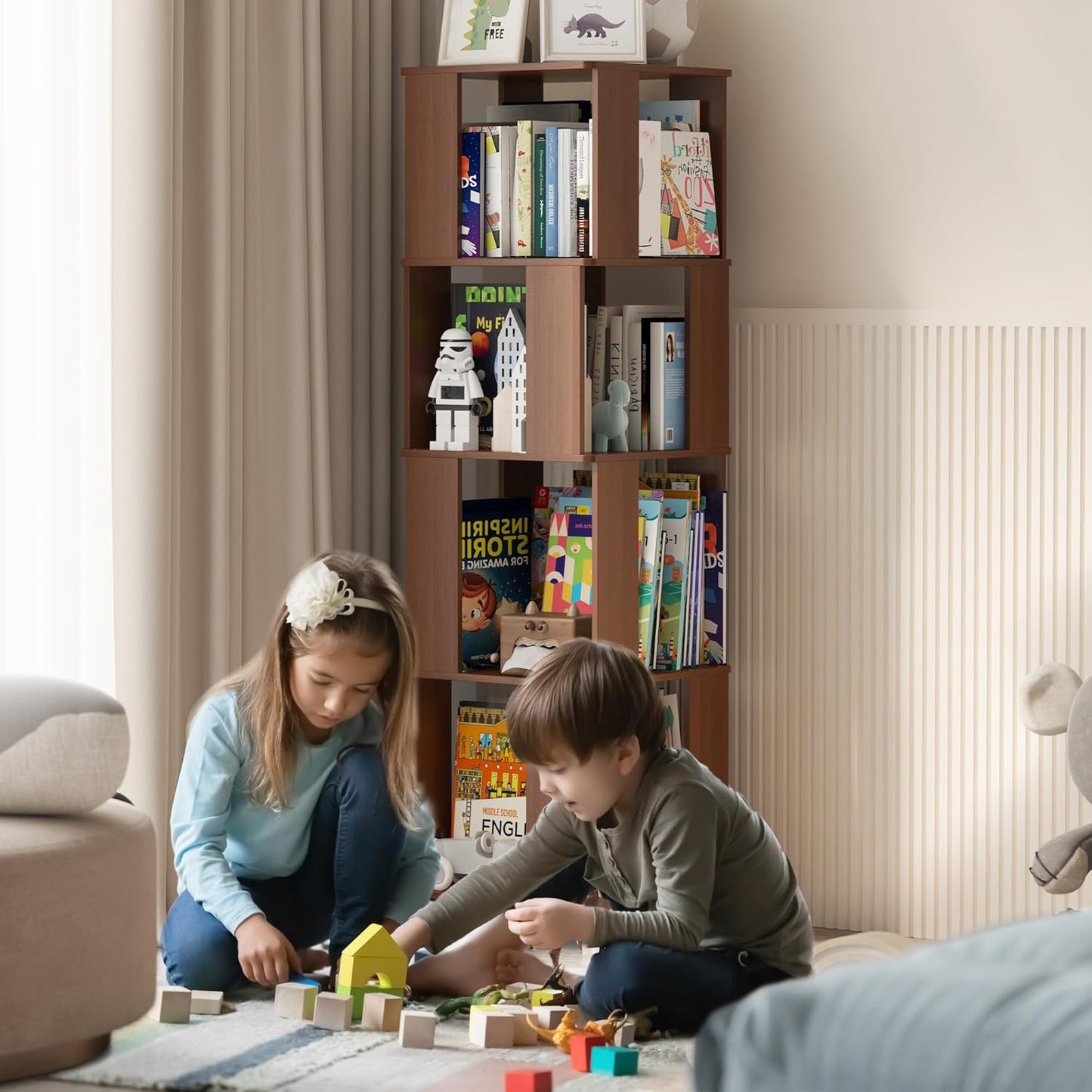 4 Tier Solid Wood Rotating Bookshelf Tower on Wheels, 360° Upgrade Spinning Book Shelf, Revolving Bookcase Organizer, Swivel Bookshelves for Small Spaces, Corner, Bedroom, Kids Room, Office (Walnut)