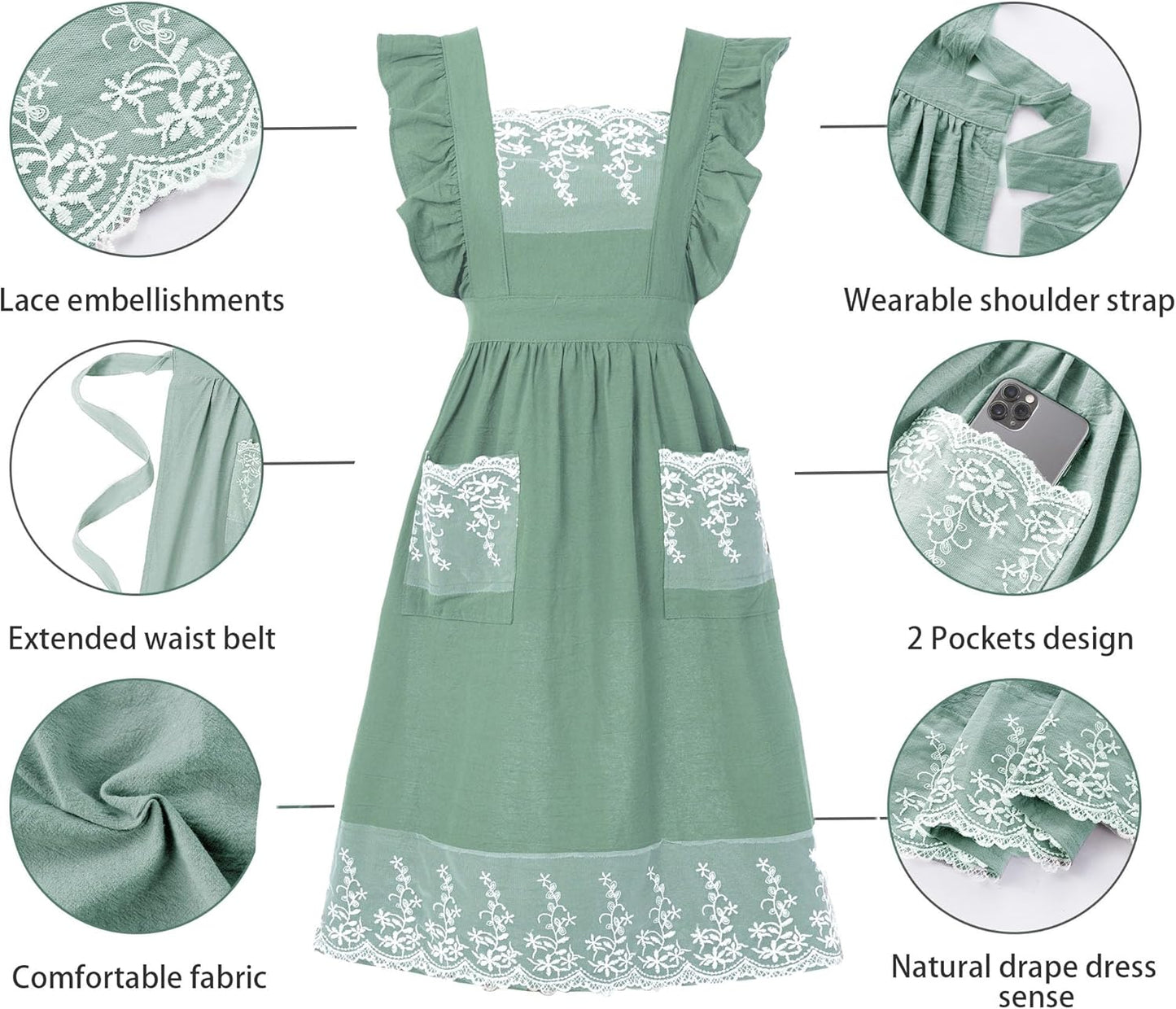 Vintage Aprons for Women with Pockets Cute Lace Ruffle Adjustable Apron for Cooking Kitchen Baking Gardening