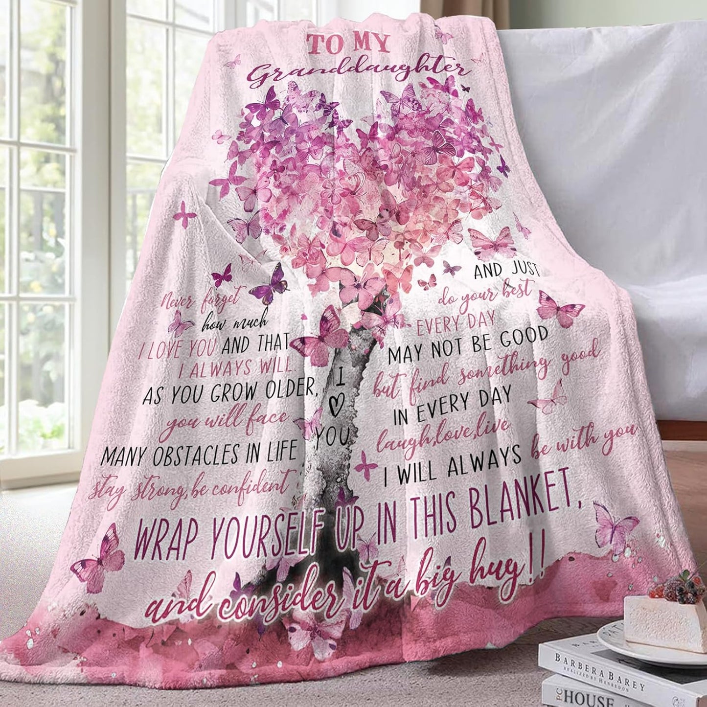 Gifts for Granddaughter from Grandma Grandpa Flannel Throw Blanket, To My Granddaughter Birthday Christmas Graduation Gift Ideas, Pink Love Heart Tree Blanket Present for Girls Teen 50'' x 60''