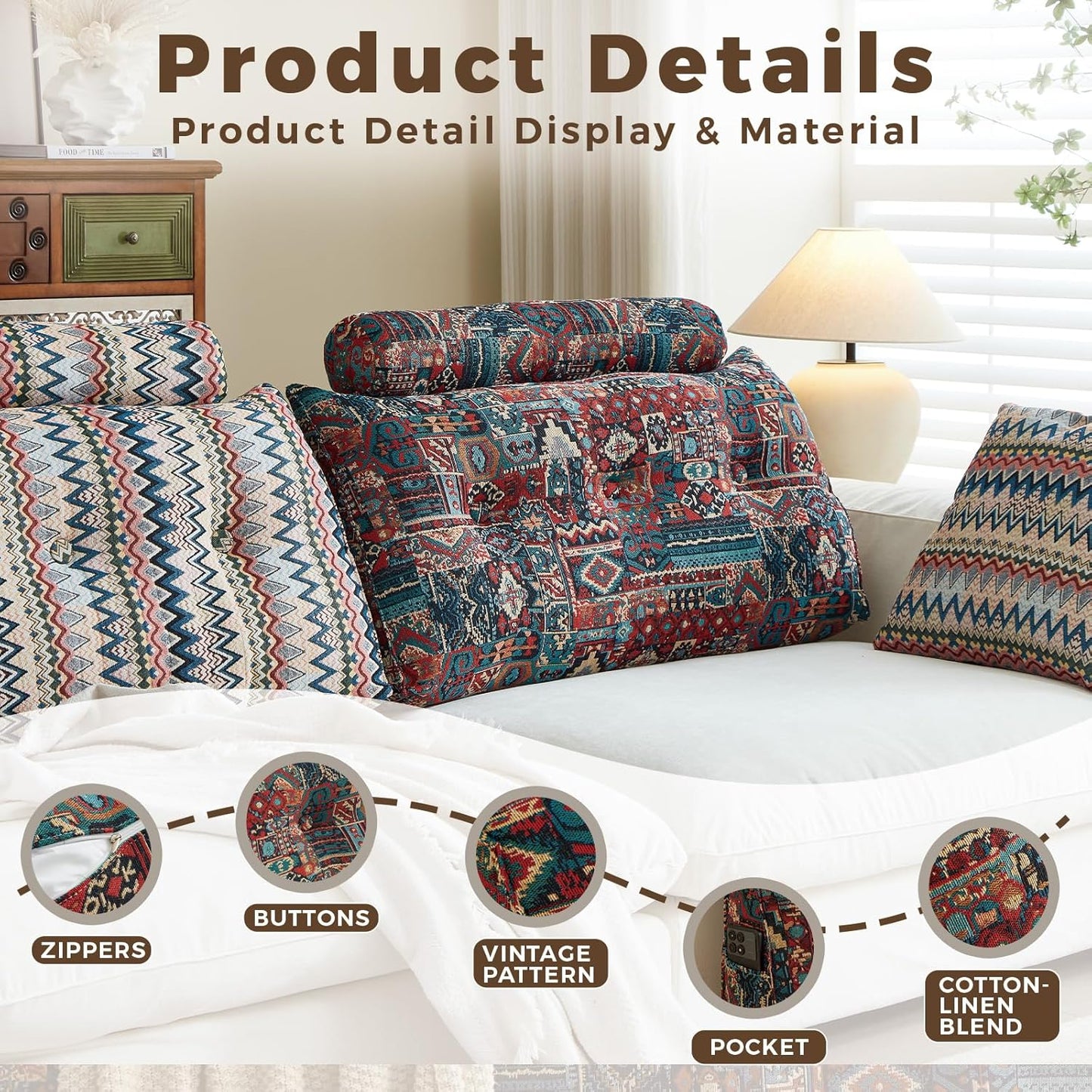 Boho Headboard Pillow for Full, Large Triangular Wedge Pillow for Headboard Gap, Daybed for Sitting Up in Bed, Couch or Sofa with Removable Washable Cover and Side Pockets, Sparks Bloom