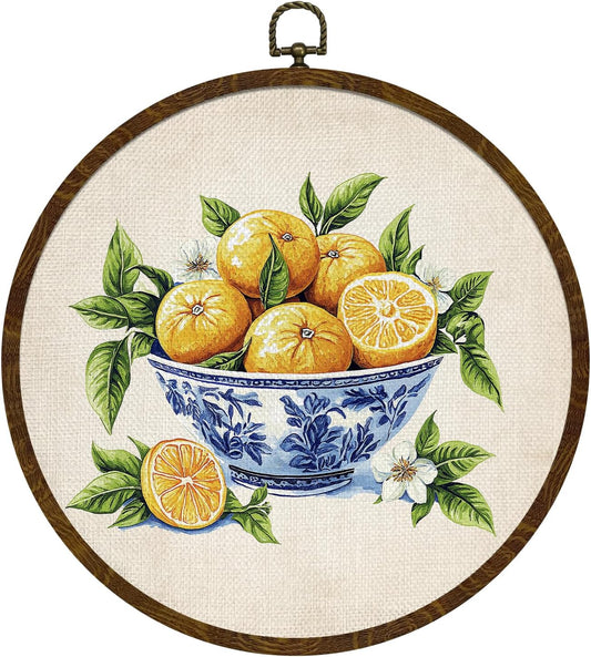 Vintage Lemon Round Wall Art, Retro Fruit Canvas Print Still Life Art Kitchen,Country Neutual Circular Wall Hanging Framed Decor for Farmhouse,Living Room, Kitchen Neutral Retro Artwork 10x10in (Yellow-Lemon)