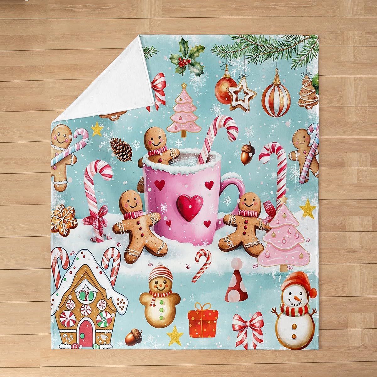 Cute Gingerbread Man Flannel Blanket for Adults,Winter Christmas Candy Coffee Gift Flannel Fleece Blanket Throw 50"x60",Kawaii Gingerbread House Winter Snow Bedroom Decor Bed Sofa Couch Blankets